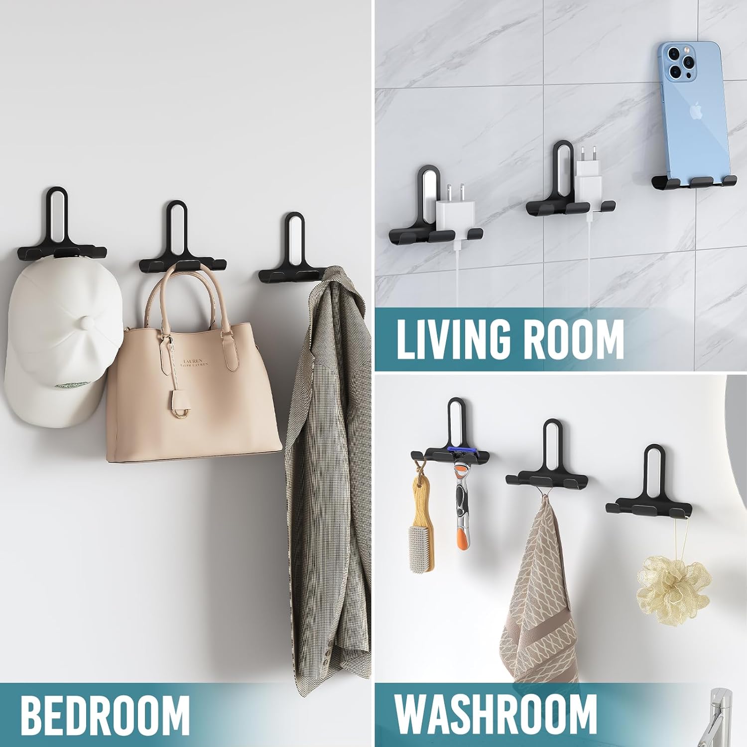 TAILI Soporte para maquinilla de afeitar sin daños en el baño de la ducha con tiras de comando, ganchos de utilidad elegantes adhesivos fuertes para