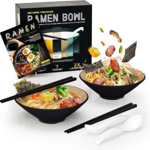 Juego de cuencos de plástico para ramen, 2 juegos de 20 onzas de doble cara a juego con palillos y cucharas para cereales de ensalada, vajilla Juego de cuencos de plástico para ramen, 2 juegos de 20 onzas de doble cara a juego con palillos y cucharas para cereales de ensalada, vajilla