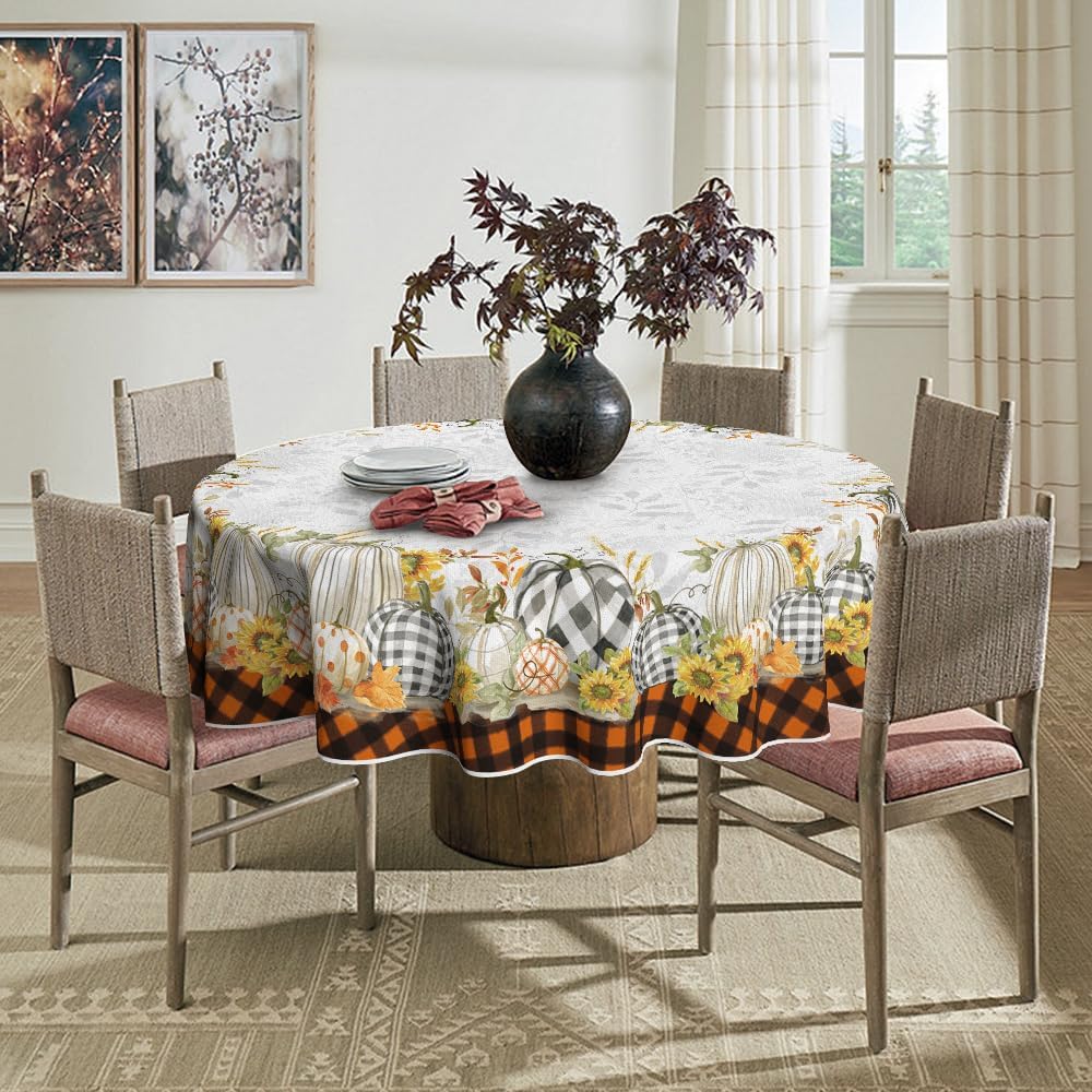 Horaldaily Mantel redondo de otoño de 70 x 70 pulgadas, diseño de calabazas de cosecha de otoño de Acción de Gracias, diseño de búfalo naranja, para