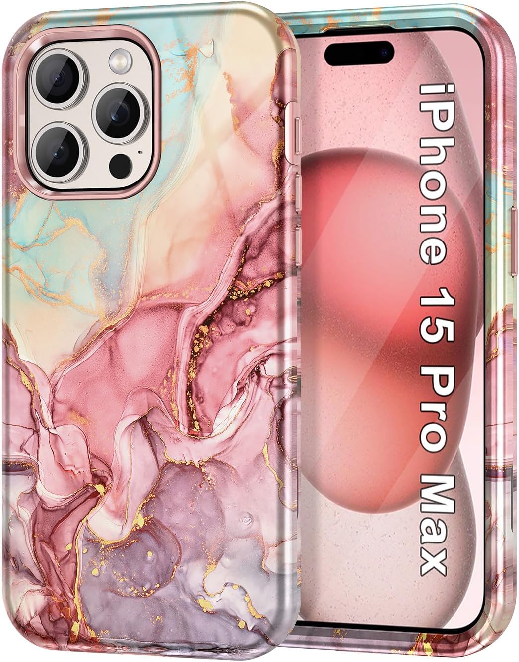 Btscase Funda para iPhone 15 Pro Max de 6.7 pulgadas (2023), patrón de mármol 3 en 1 resistente cuerpo completo a prueba de golpes PC duro +