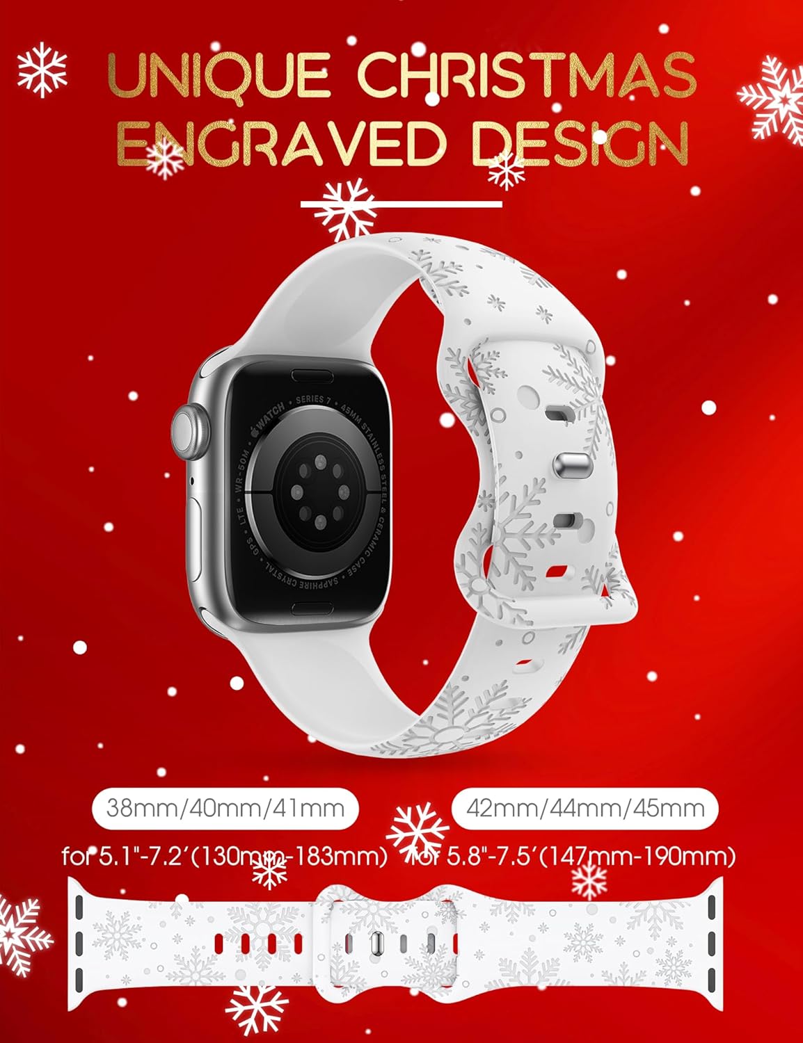Correa grabada de copos de nieve de Navidad compatible con Apple Watch Series 9, 8, 7, 6, 5, 4, 3, 2, 1, SE 4244451.929 in (UltraUltra 2), correa de