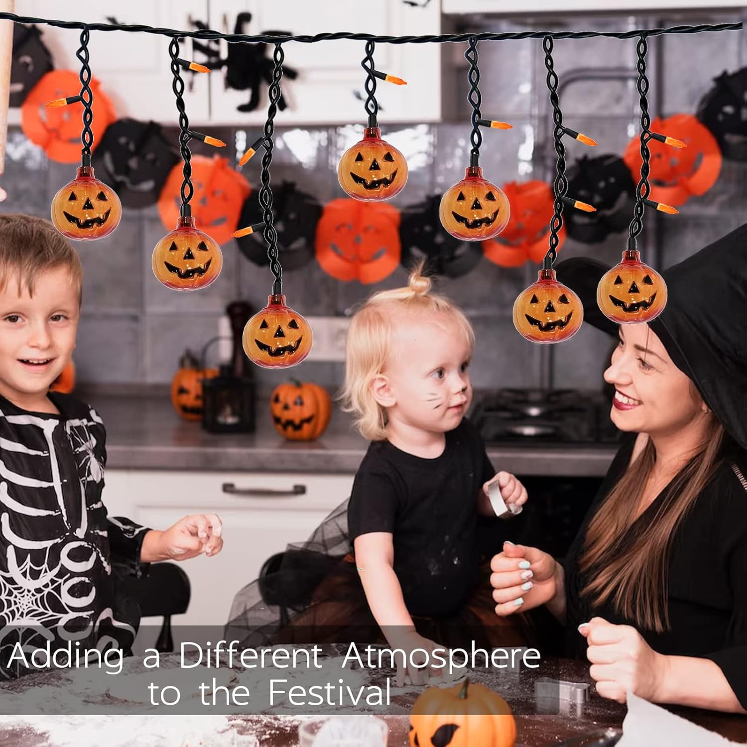 Luces de otoño y Halloween enchufables de 7 pies de largo, 25 unidades, mini cortina de luces con 10 unidades de Halloween, farol Jack O Lantern,