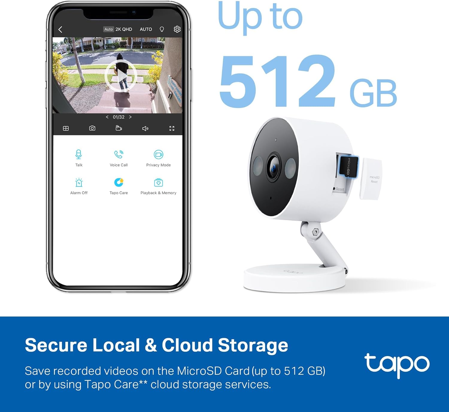 TP-Link Tapo – Cámara de seguridad QHD 2K, interiorexterior, modo IR invisible, almacenamiento SD (Tapo C120)