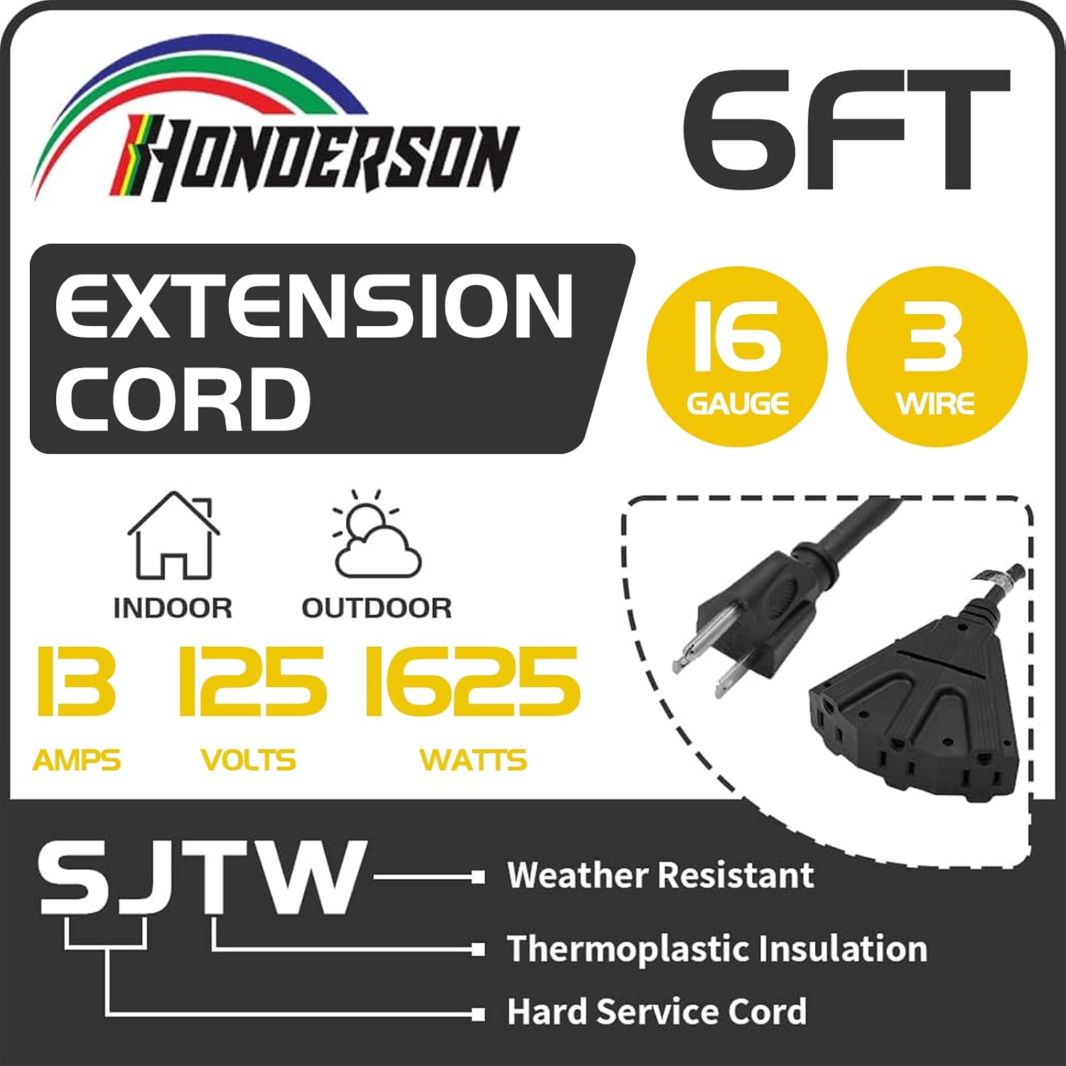 Cable de extensión para exteriores de 6 pies con 3 tomas de corriente eléctrica, cable negro duradero SJTW de 163 con enchufe a tierra de 3 clavijas