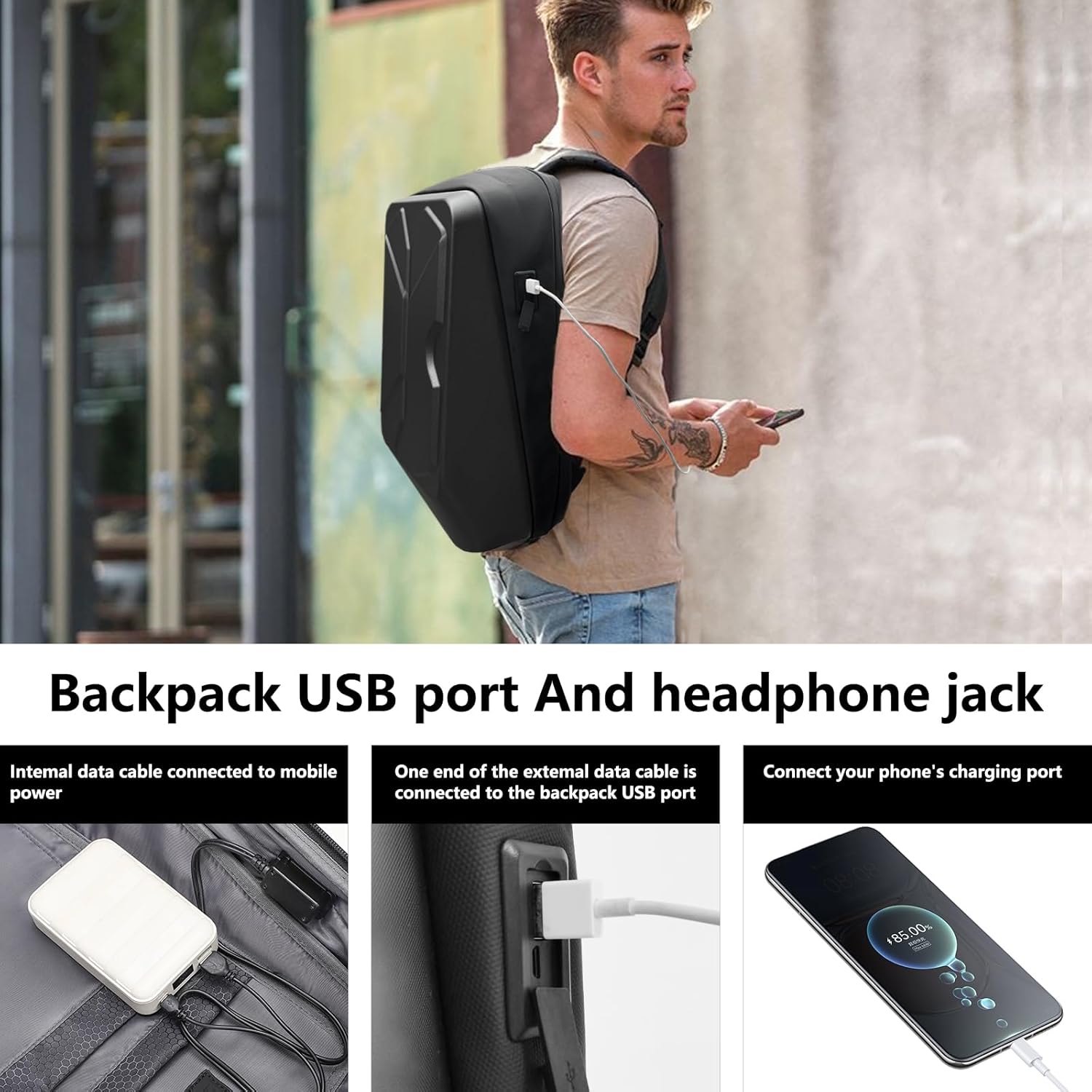 JUMO CYLY HardShell Mochila de viaje para laptop, mochila impermeable para juegos con puerto de carga USB, mochila delgada para negocios para hombre