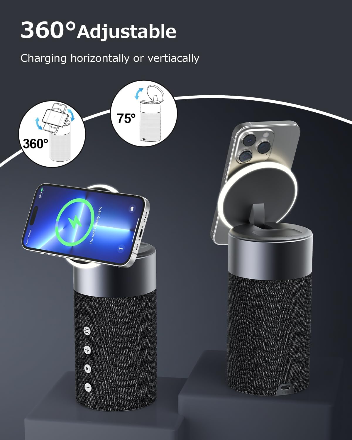 COLSUR Altavoz Bluetooth, cargador inalámbrico magnético, altavoces Bluetooth con luz nocturna, estación de carga inalámbrica 2 en 1 para iPhone
