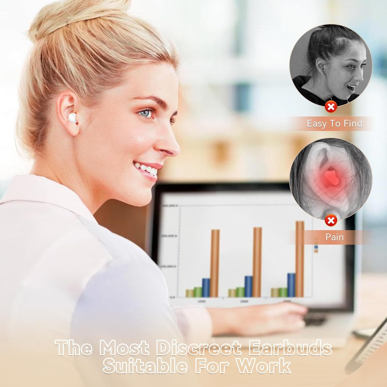 Auriculares invisibles inalámbricos Bluetooth pequeños auriculares ocultos de perfil bajo para el trabajo, discretos, cómodos y ajustados,