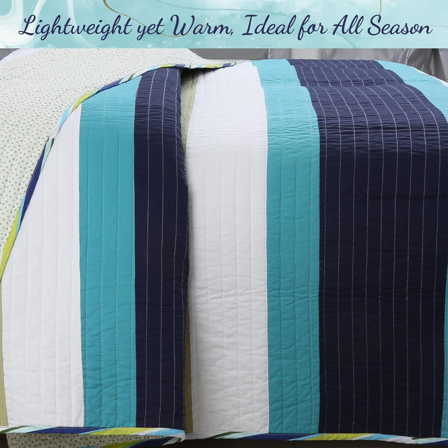 Cozy Line Home Fashions Juego de ropa de cama reversible de 100 % algodón a rayas, color azul marino, verde salvia, para todas las estaciones
