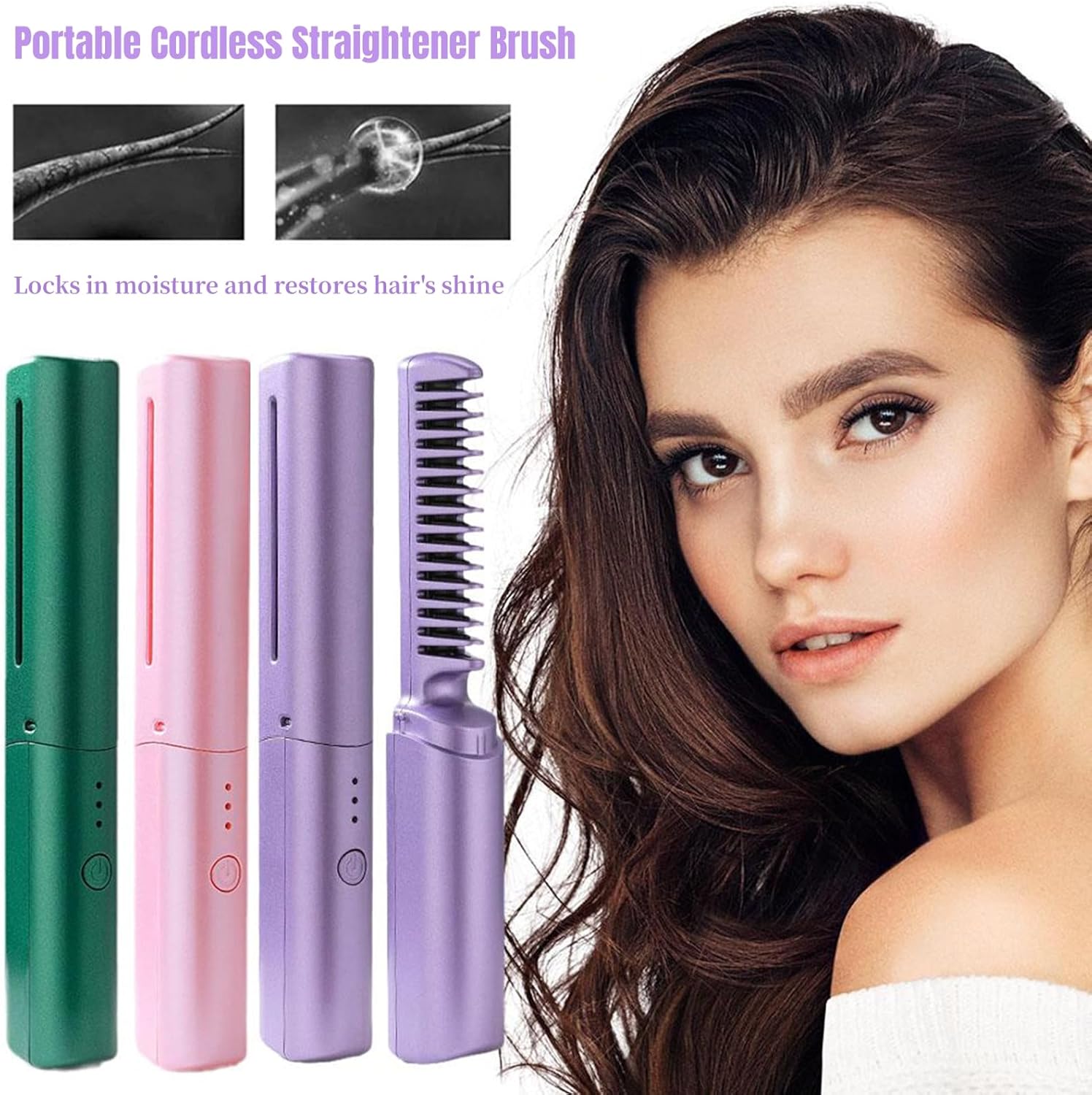Mini alisador de pelo recargable, cepillo alisador inalámbrico portátil, cepillo alisador de tres temperaturas con iones negativos, tamaño de viaje,