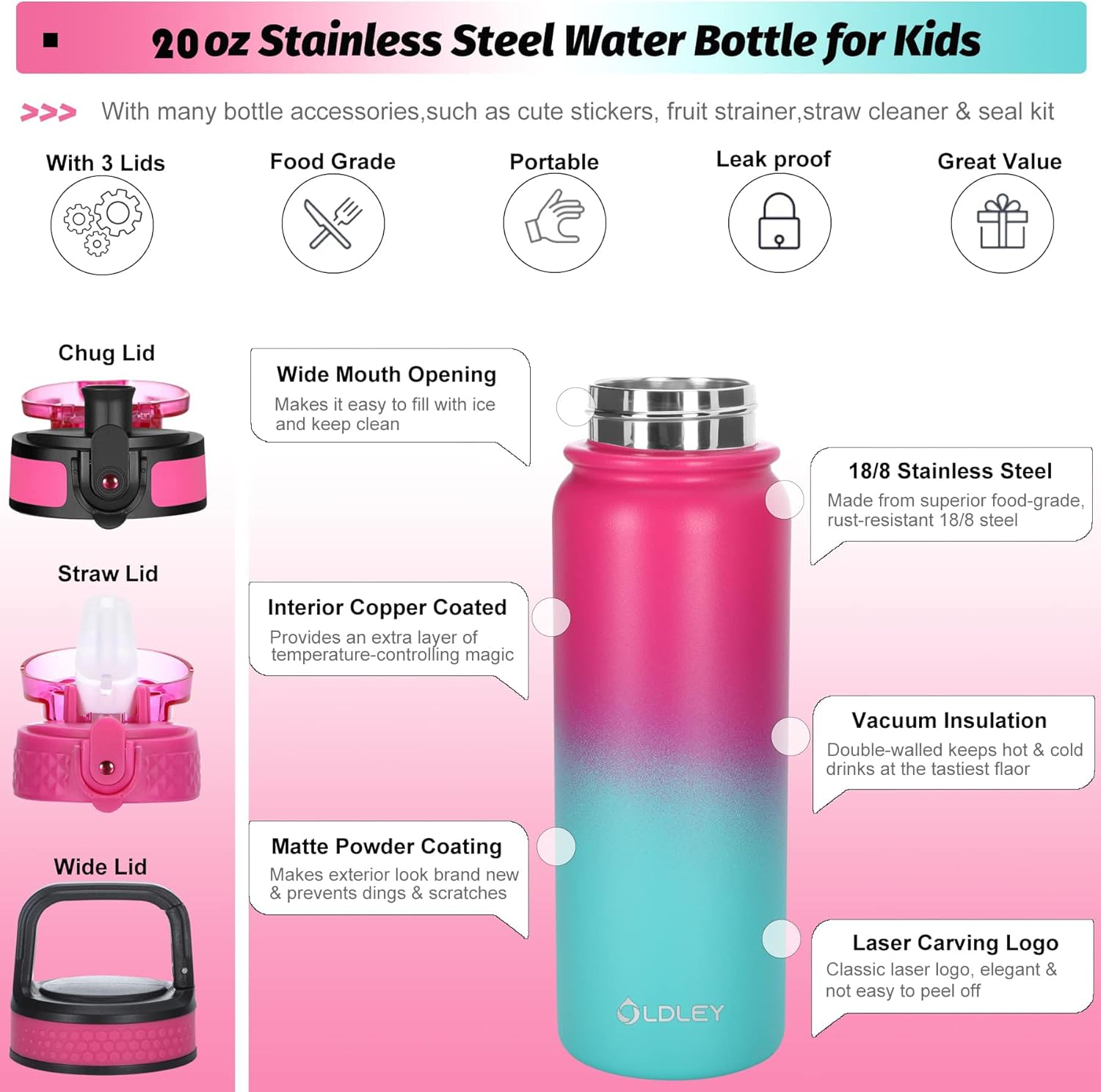 Botella de agua de acero inox de doble pared aislada al vacío pniños, 20 oz, a prueba de fugassudor, 3 tapas cpajillapicoboca ancha, apertura de 1