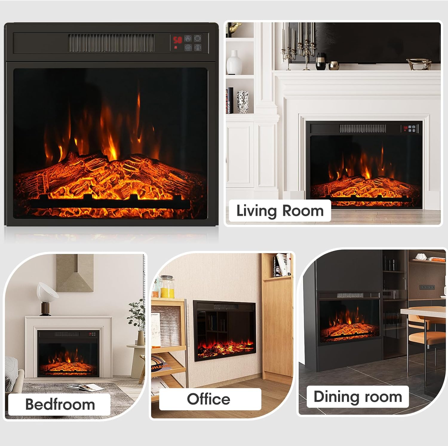 Inserto de chimenea eléctrica de 18 pulgadas, calentador de chimenea empotrado con bajo ruido, control remoto con temporizador, pantalla táctil,