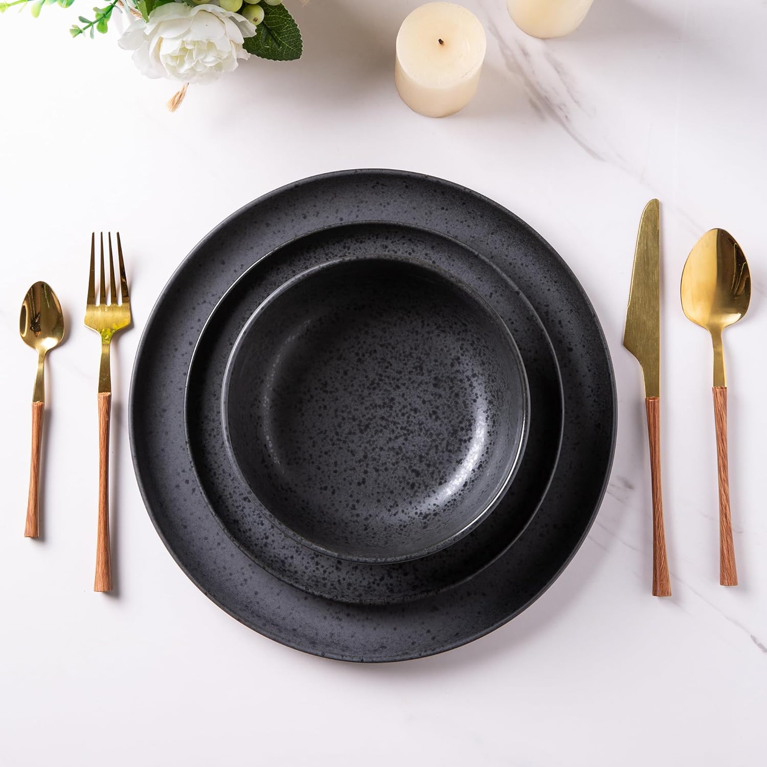 AmorArc Juego de vajilla de cerámica, juego de platos y cuencos de cerámica con borde ondulado, altamente resistentes a las astillas y grietas,