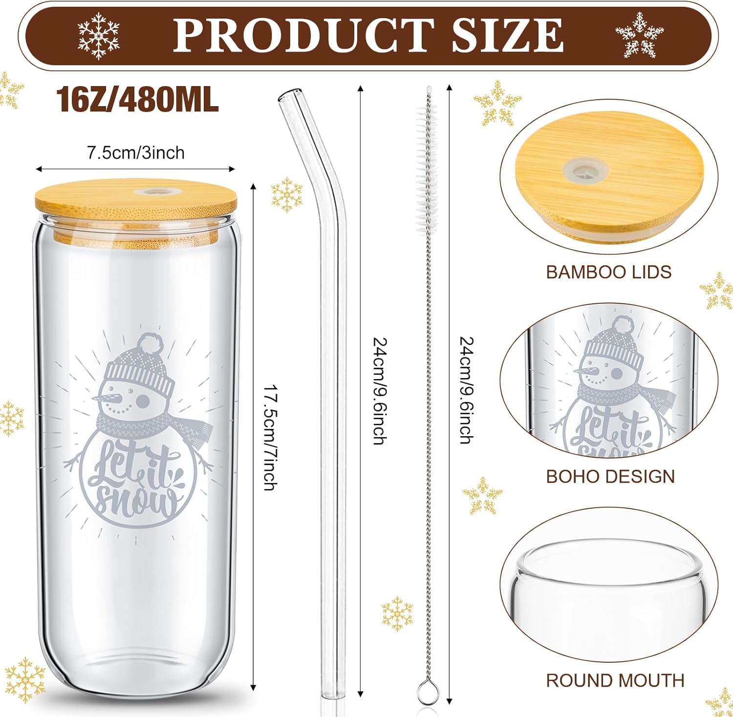 meekoo 8 vasos de cristal de Navidad de 16 onzas con tapas y popotes en forma de lata, taza de café helado, tazas de Navidad para mujeres, niños y