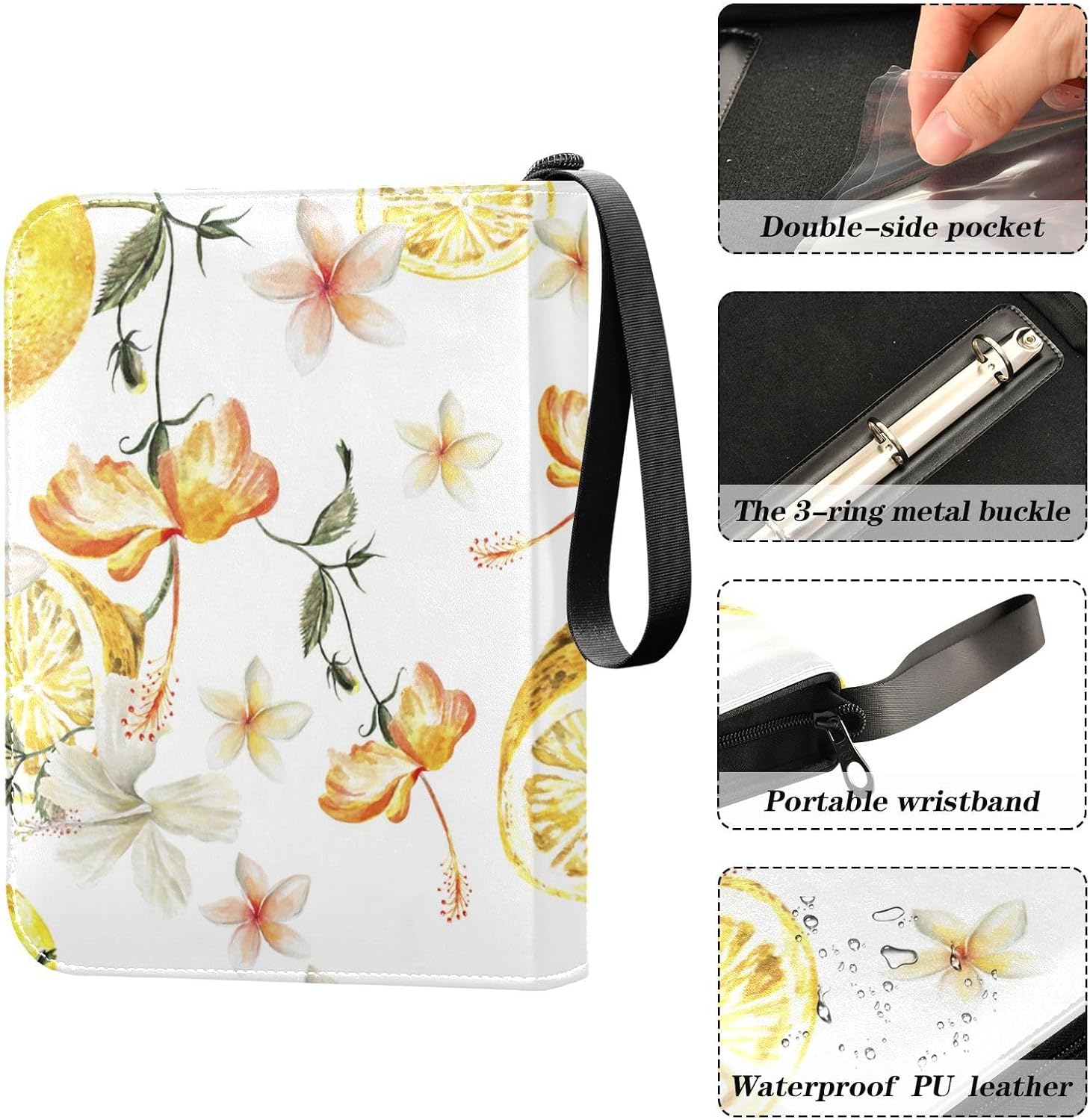 Watercolor Flowers Lemons Trading Card Binder 4-Pocket Card Holder with 50 Removable Sleeves 3-Ring Card Albums Binder Holds Up to 400 Cards Card