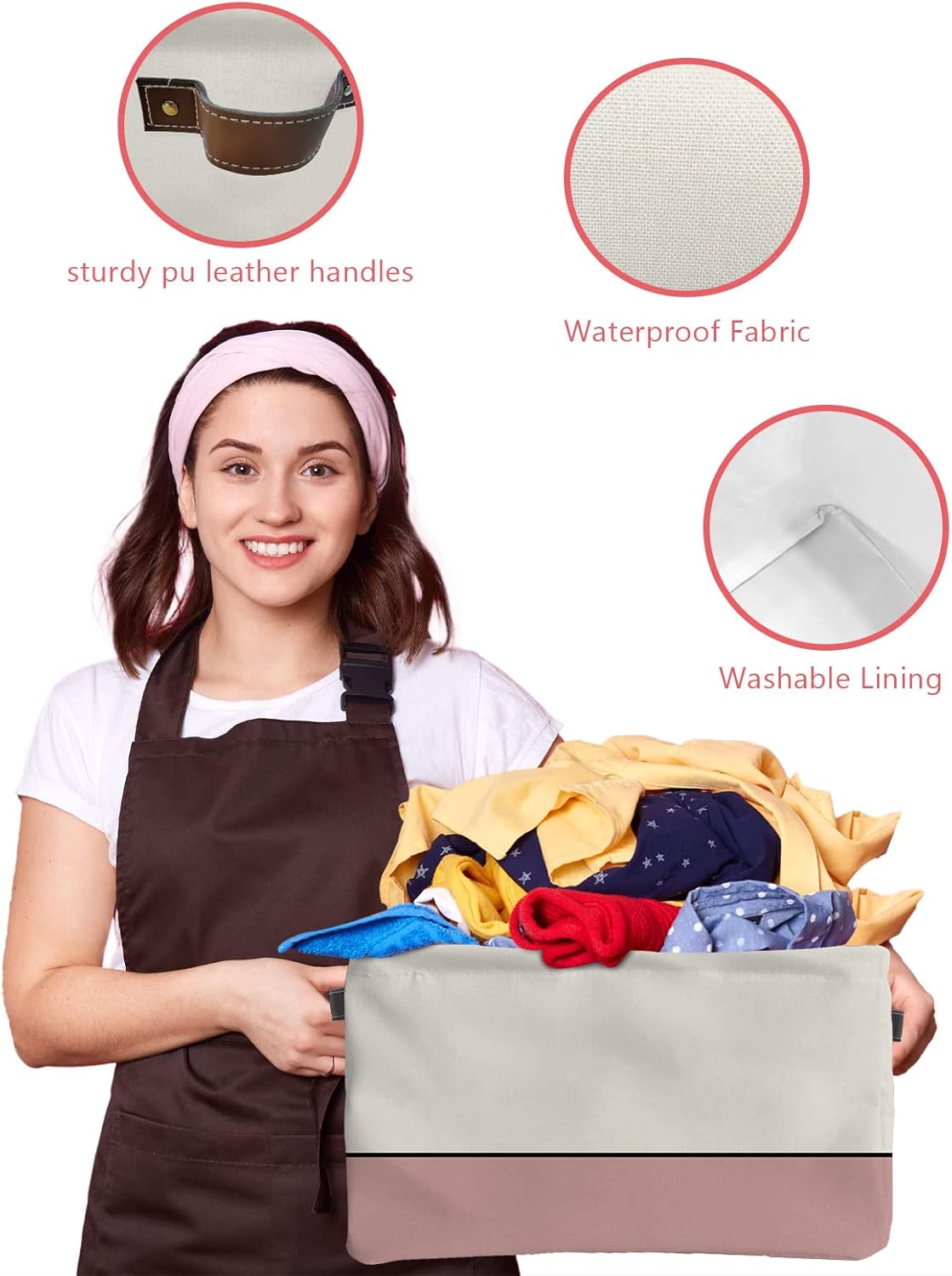 Cesta de almacenamiento geométrica rosa para organizar estantes, cajas de almacenamiento plegables con asa, bloque de color beige moderno, líneas