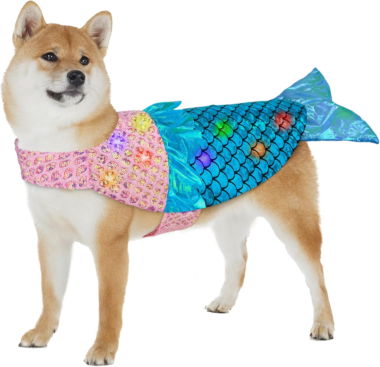Disfraz de sirena para perro, disfraces de perro de Halloween con luces LED, disfraces divertidos de Halloween para Acción de Gracias, disfraces