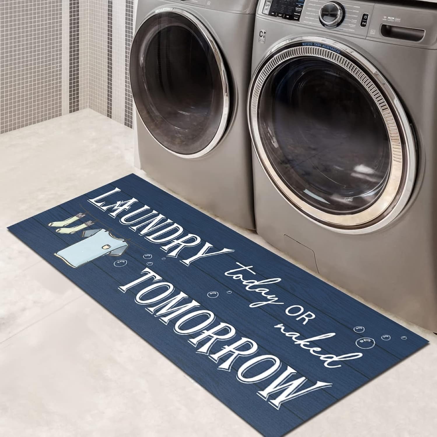 GETITEZY Alfombra antideslizante para lavandería, decoración de lavandería, alfombra lavable para lavandería, baño, cocina, 17 x 47 pulgadas, azul