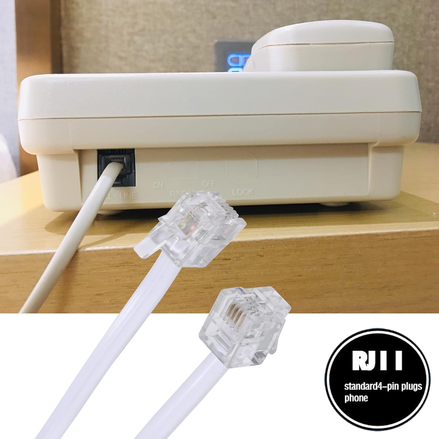 Cable de extensión de teléfono de 100 pies de largo, con enchufe RJ11 estándar y 1 acoplador en línea y 35 soportes de clip para cables, color blanco