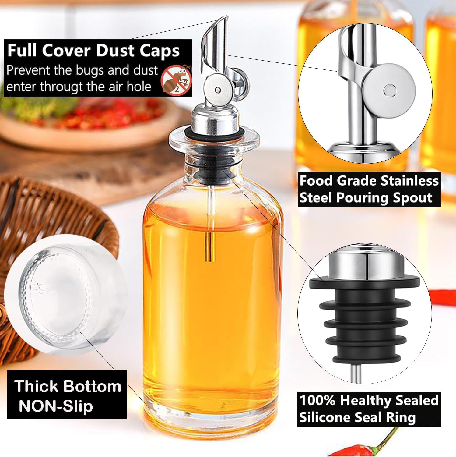 Paquete de 4 boquillas de licor con peso, boquilla dispensadora de aceite de oliva con tapa automática abatible, boquilla de vertido para botellas