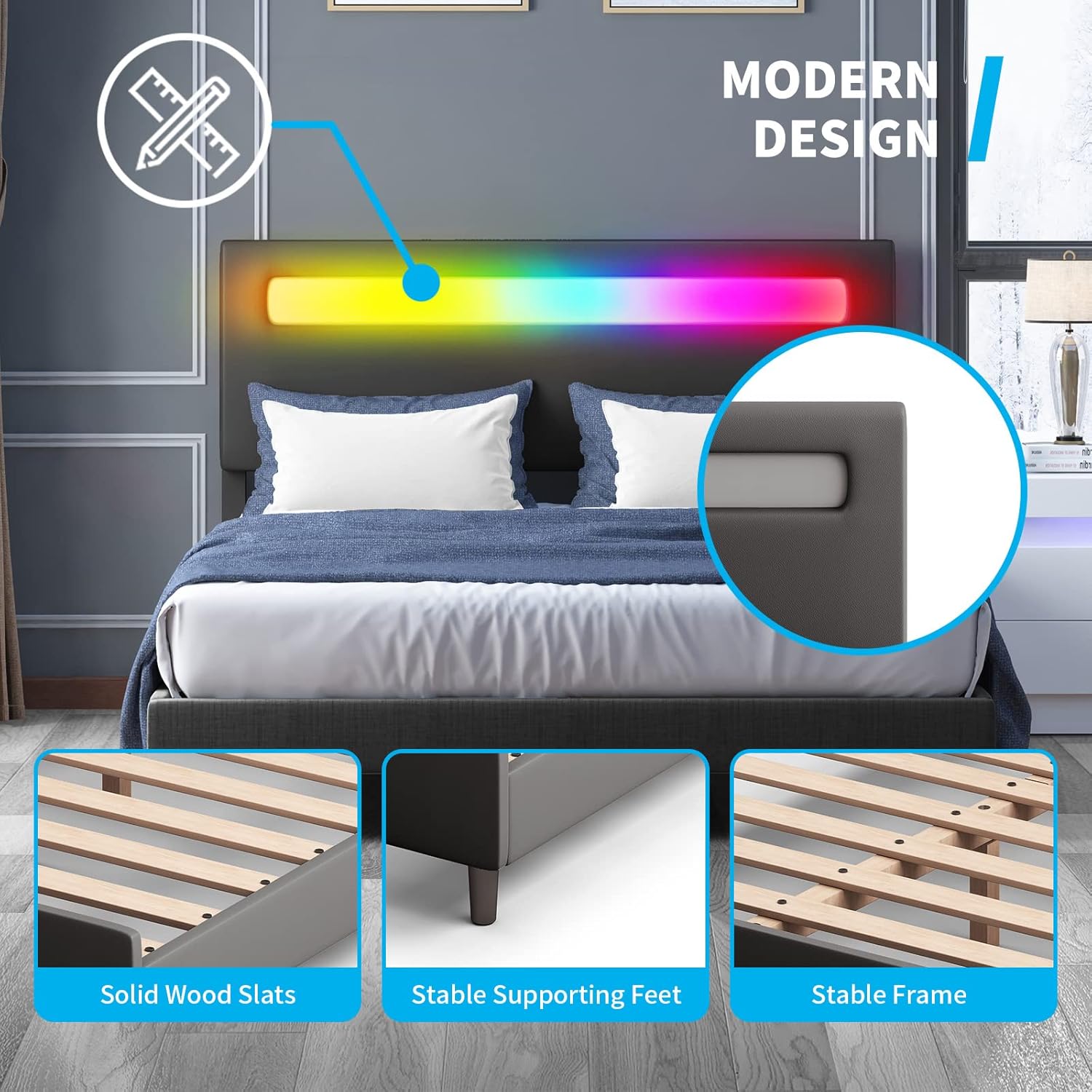 Mjkone Platform Bed Frame with Smart RGB LED Light Strip, Queen Size Bed Frame with Adjustable Headboard, Compatible with Alexa & App, No Mattress