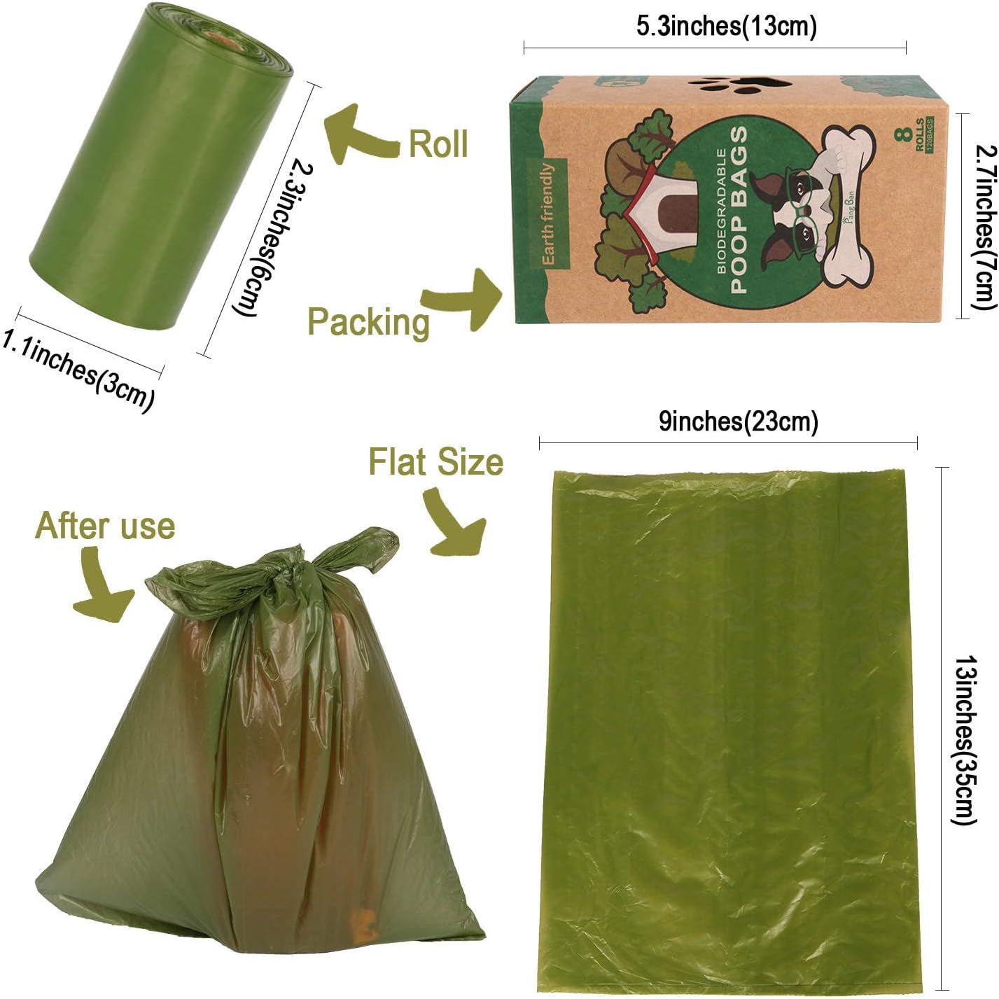 Bolsas para excrementos de perro, 13 x 9 pulgadas, extra fuertes y a prueba de fugas, bolsas verdes con dispensador y clip para correa