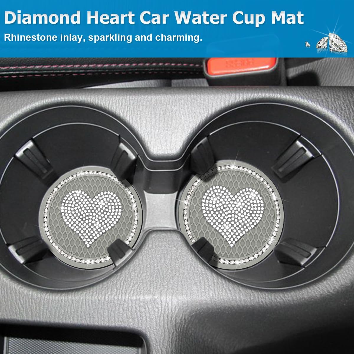 AICEL Posavasos para automóvil con diseño de corazón, 2 unidades, universales, de 2.75 pulgadas, con diamantes de imitación brillantes, tapete