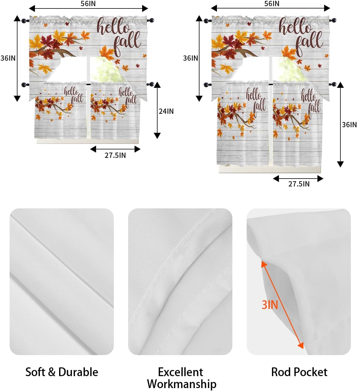 Juego de 3 cortinas y cenefas de cocina, cortinas cortas de otoño con bolsillo para barra, cortinas de ventana de granero de madera para decoración