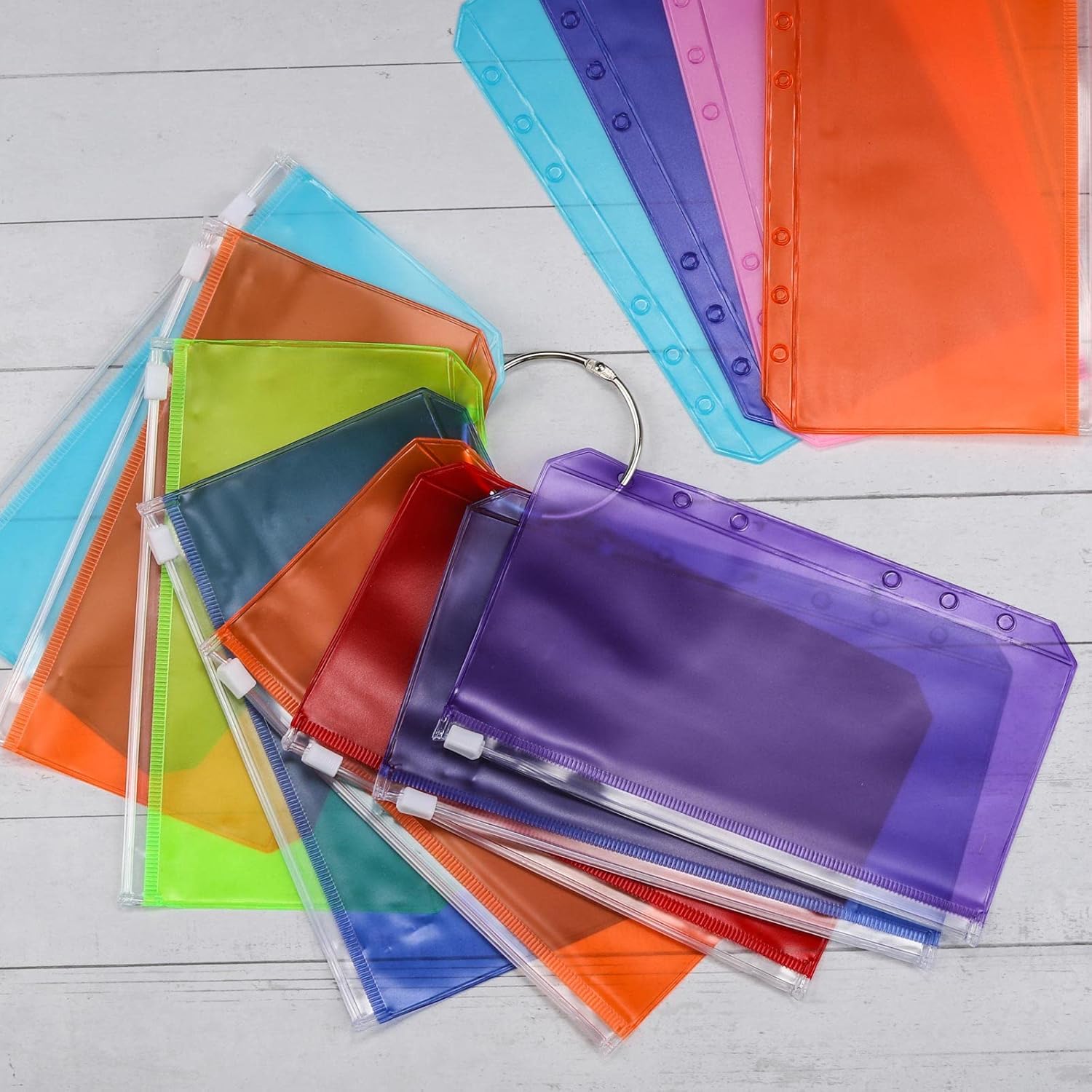 24 bolsillos A6 con 6 agujeros con cremallera para efectivo, tarjetas de identificación, tarjetas de crédito, 8 colores