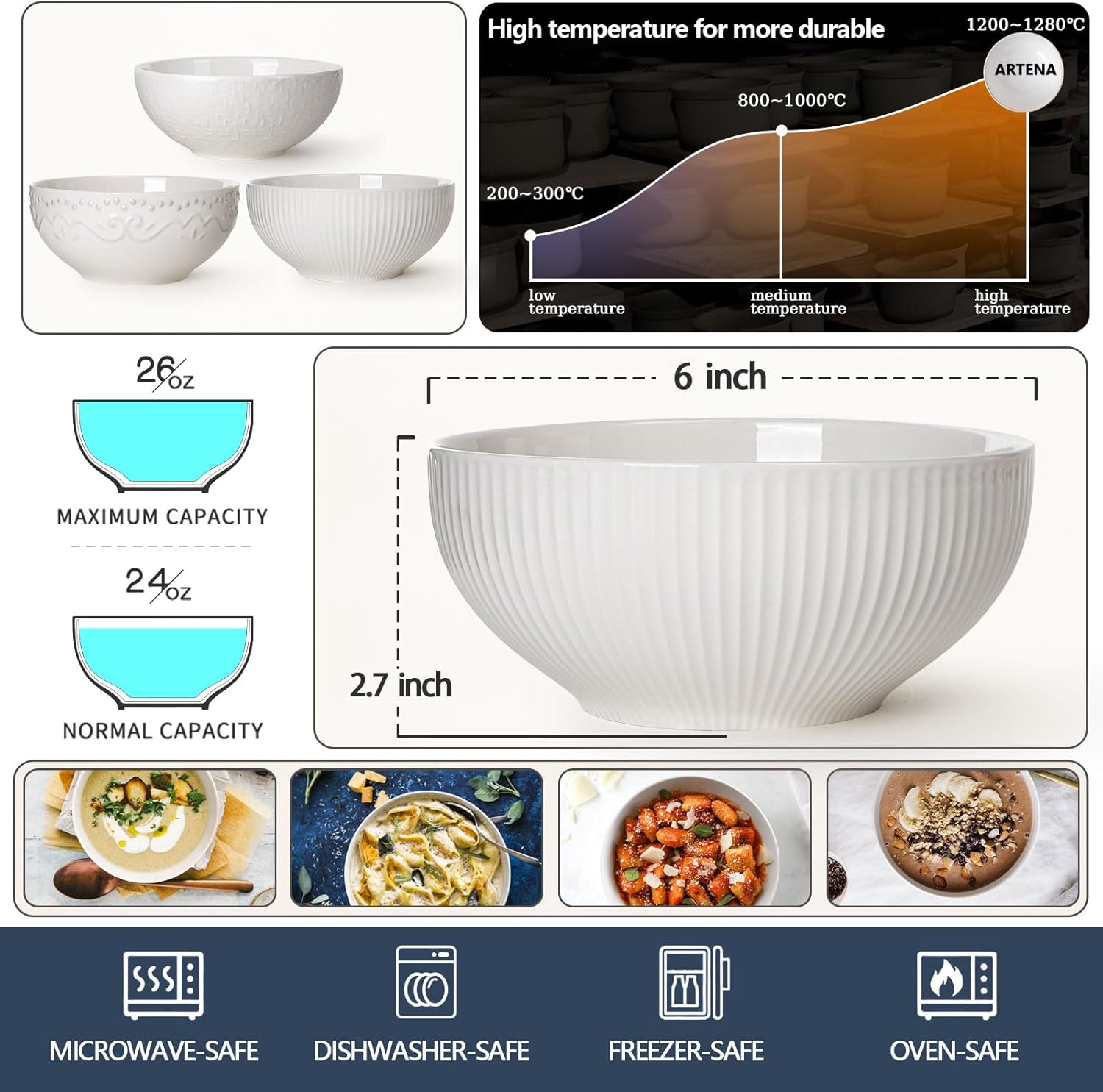 Artena Juego de 6 cuencos de cerámica para cereales de 26 onzas, cuencos de sopa en relieve, cuencos blancos para cocina, cuencos de cena de 6