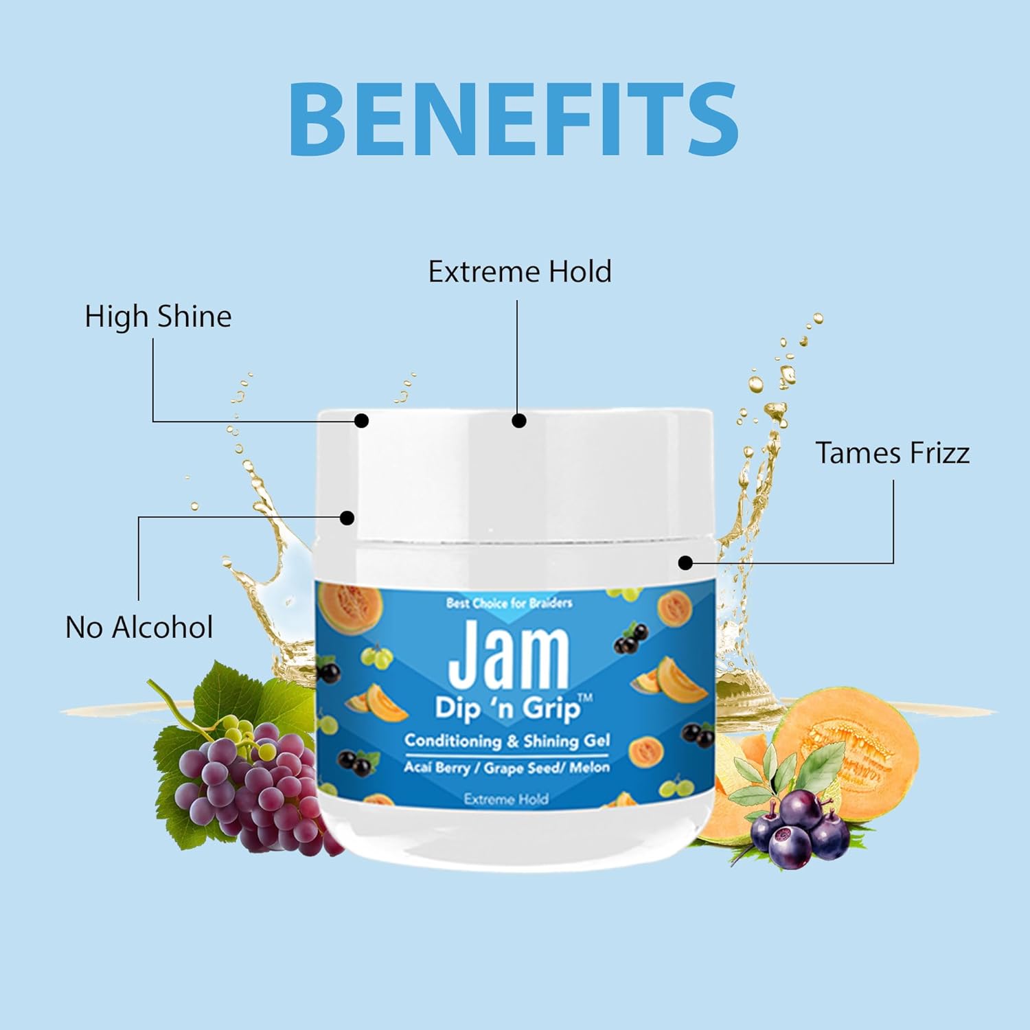 Jam Conditioning & Shining Gel Acai BerrySemilla de uvaMelón, fijación extrema, solución de peinado unisex (4 onzas)