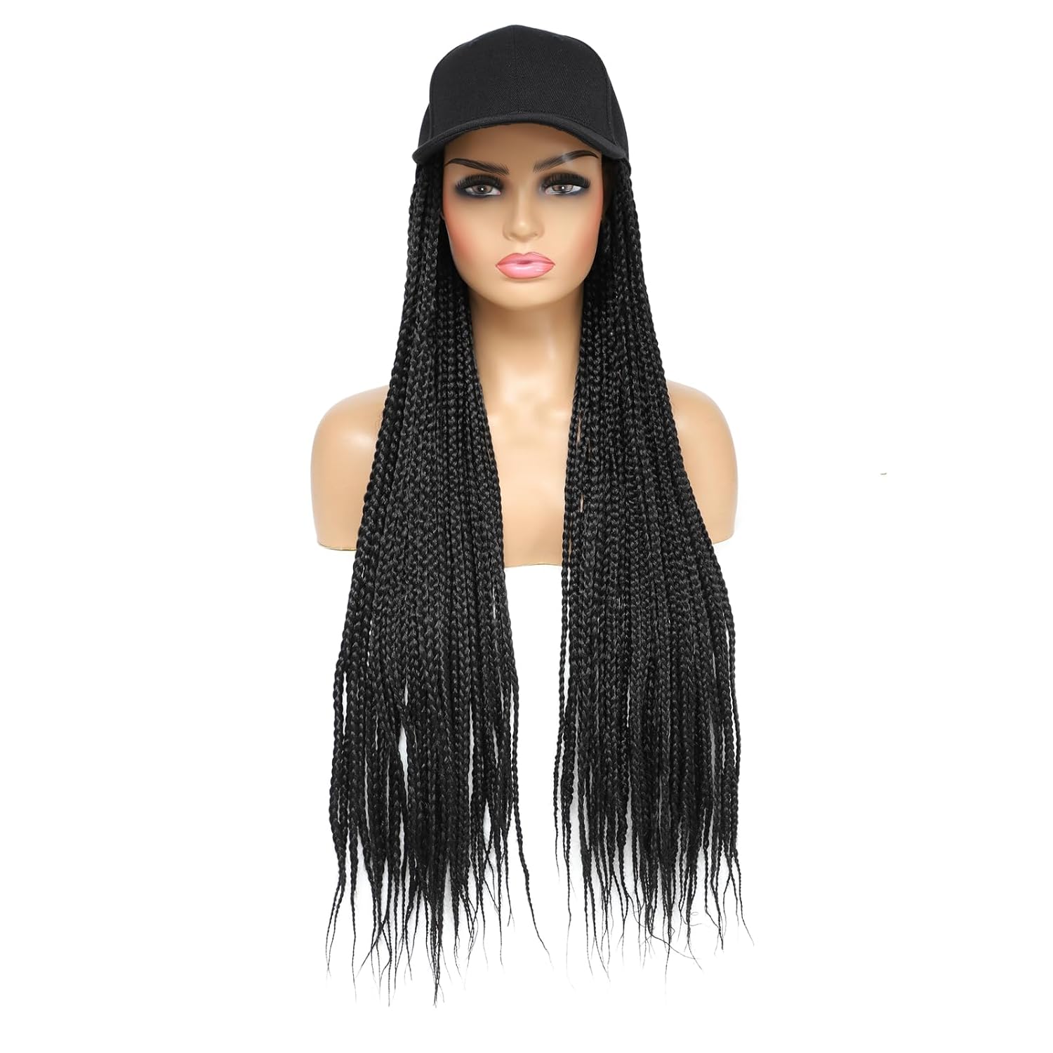 Gorra de béisbol con peluca larga trenzada de color negro, con cabello sintético trenzado para mujeres y niñas (B-negro)