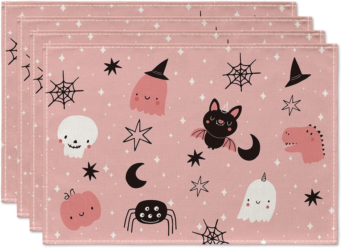 Artoid Mode Juego de 4 manteles individuales espeluznantes de Halloween, 12 x 18 pulgadas, tela de araña, araña, luna y murciélago para decoración