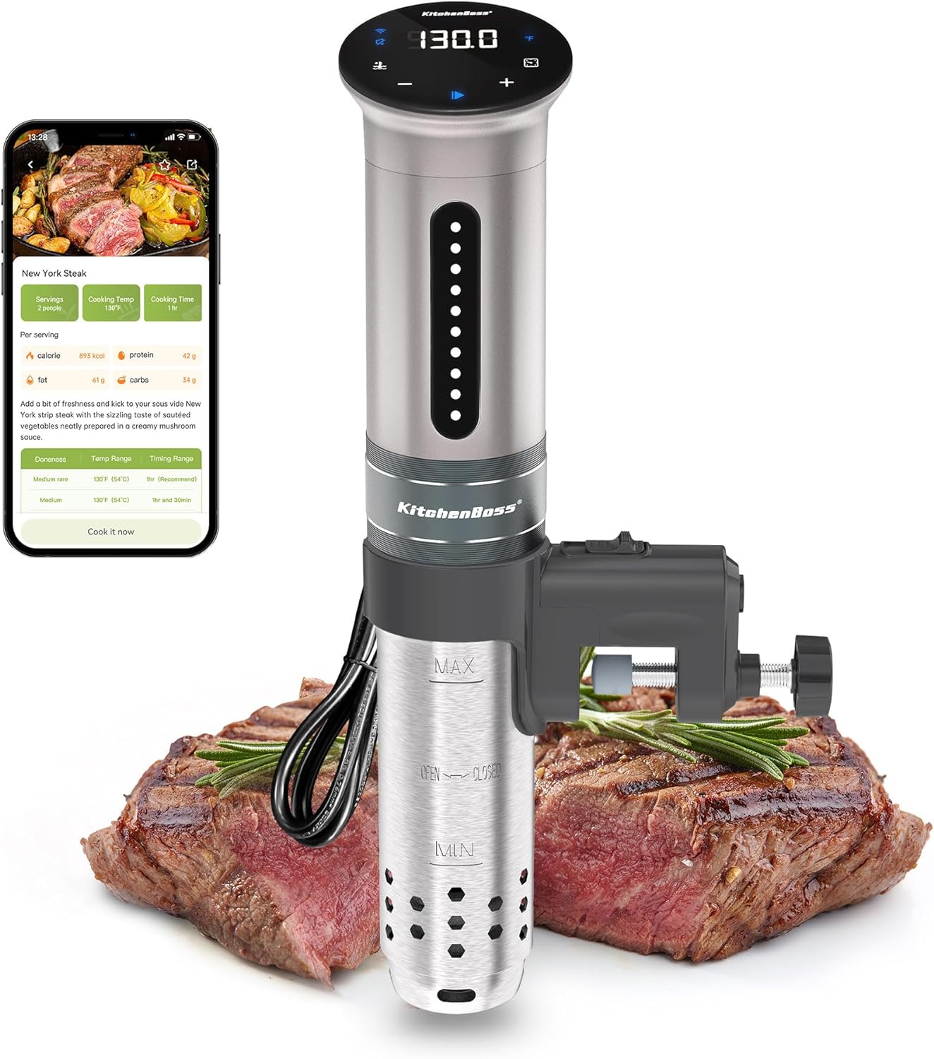 KitchenBoss Wifi Sous Vide Machine Ultra-silencioso Sous-vide Immersion Circulator Cooking Machine APP Control 1100W, IPX7 impermeable Precision