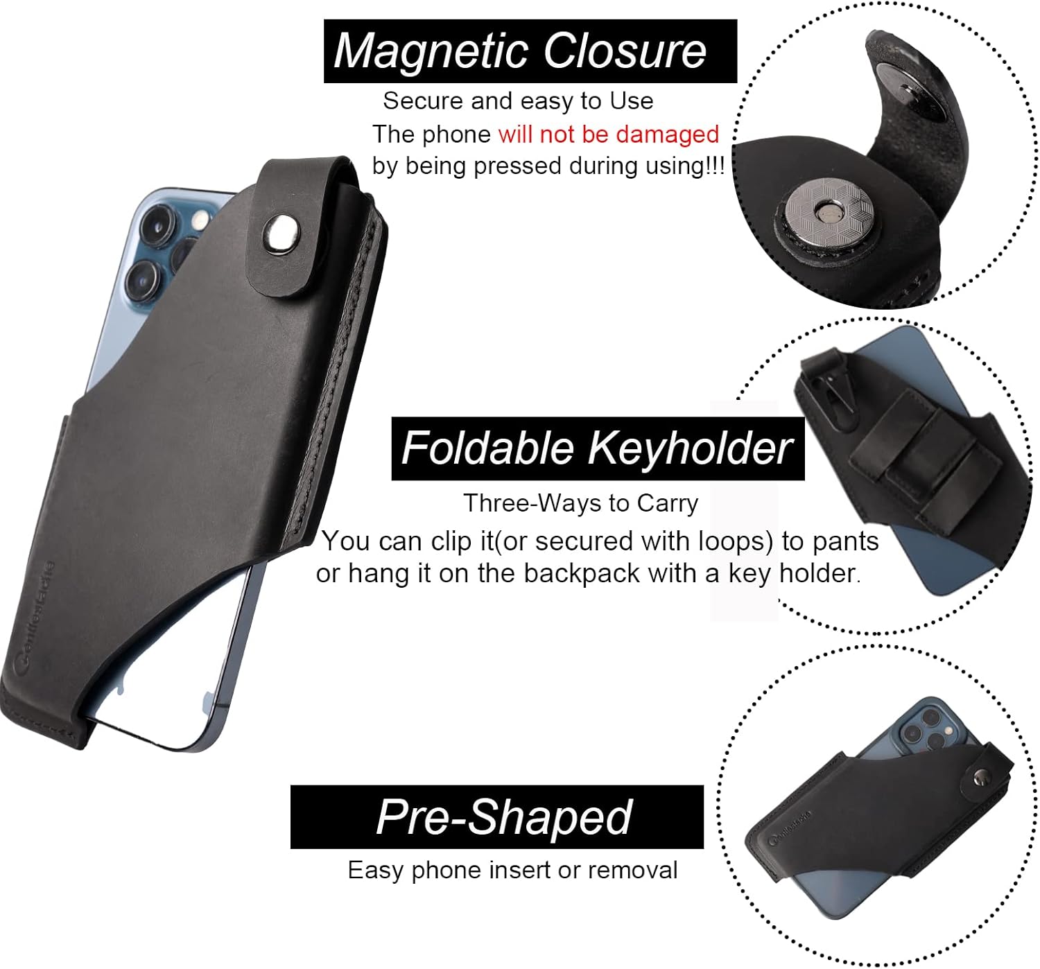 Gentlestache Funda de cuero para teléfono celular con clip para cinturón, bolsa de cuero para iPhone Samsung Motorola, funda para cinturón con