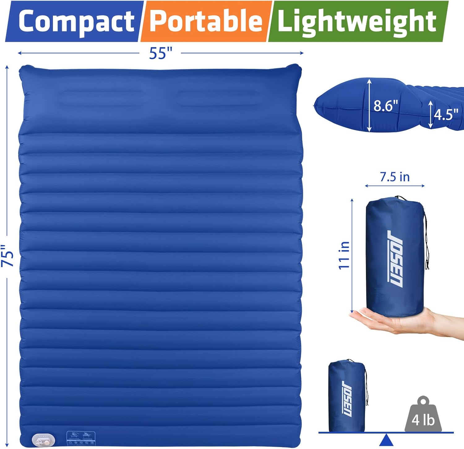 JOSEN Colchoneta eléctrica para campamento, colchón inflable automático para campamento, tamaño Queen de 75 x 55 pulgadas, doble colchón de