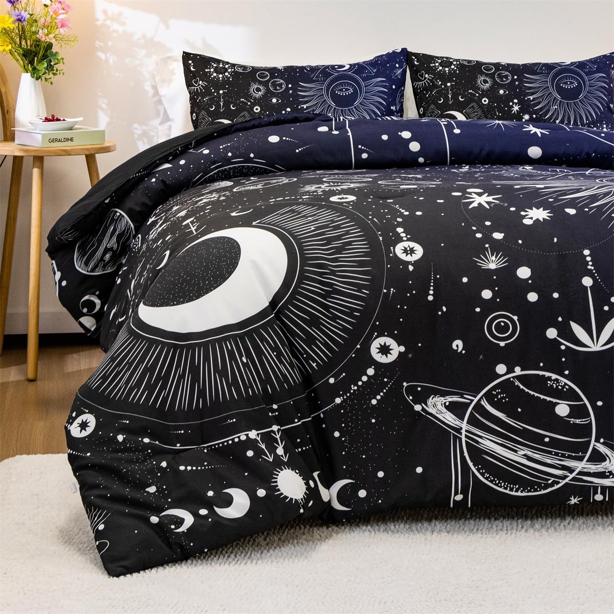 Holawakaka Juego de edredón con estampado de constelaciones de estrellas, luna, tamaño individual, para niñas y niños, juego de ropa de cama con