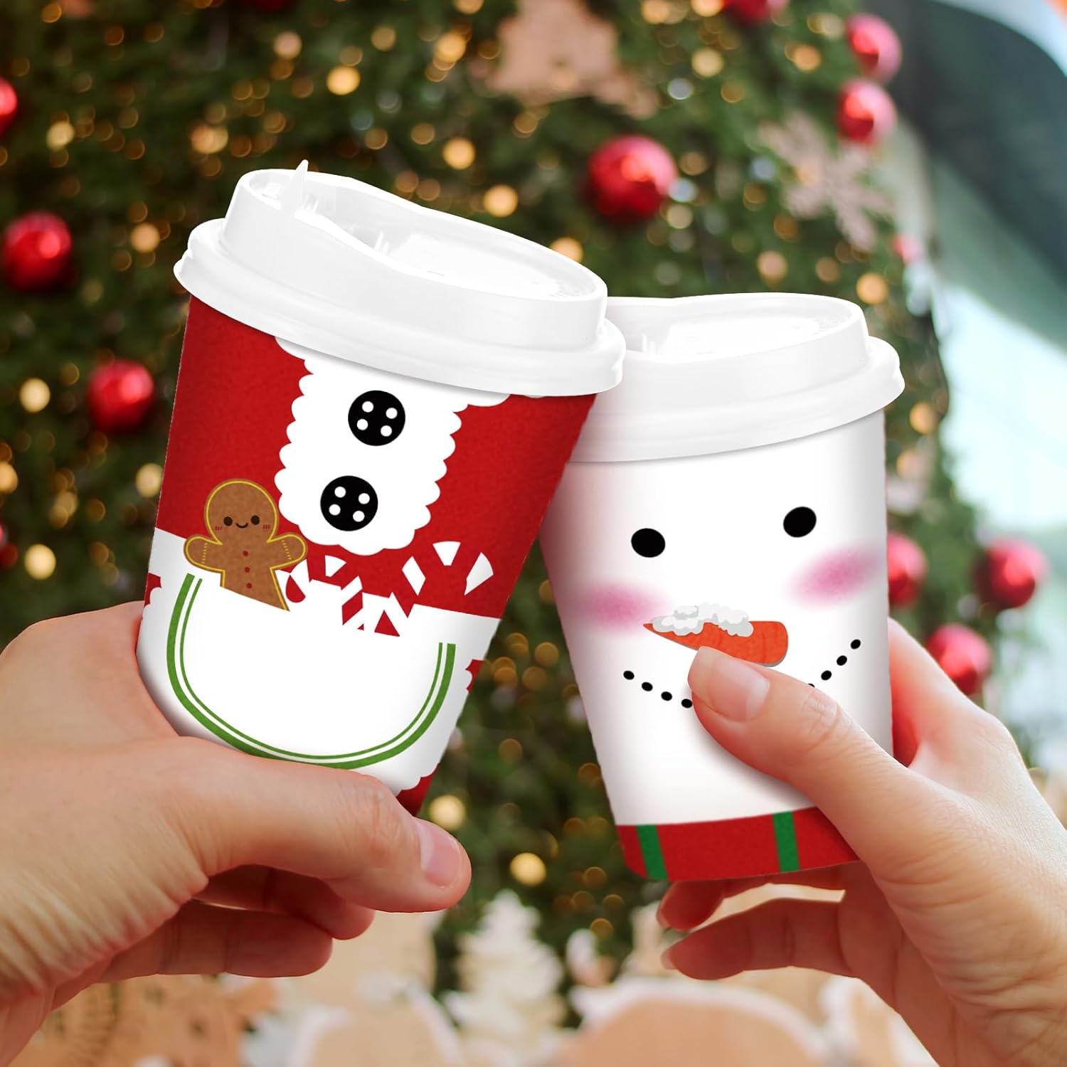 Gerrii Juego de 100 vasos de papel de Navidad desechables de 12 onzas con tapas, tazas de chocolate caliente, tazas de café, tazas calientes de