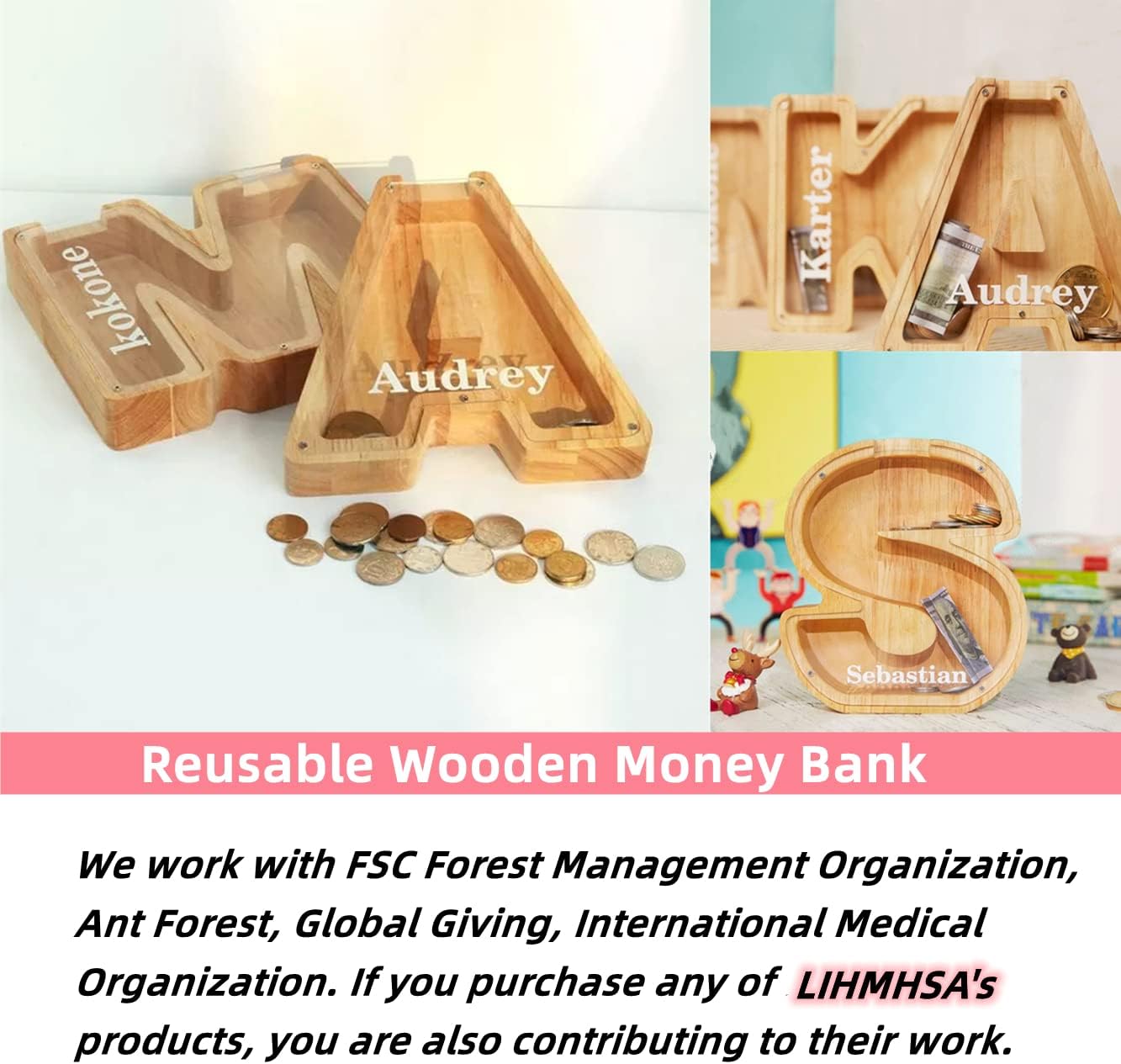 Alcancía de madera personalizada para niños y niños, alcancía con letras, idea de cumpleaños para niñas, decoración única hecha a mano para el hogar