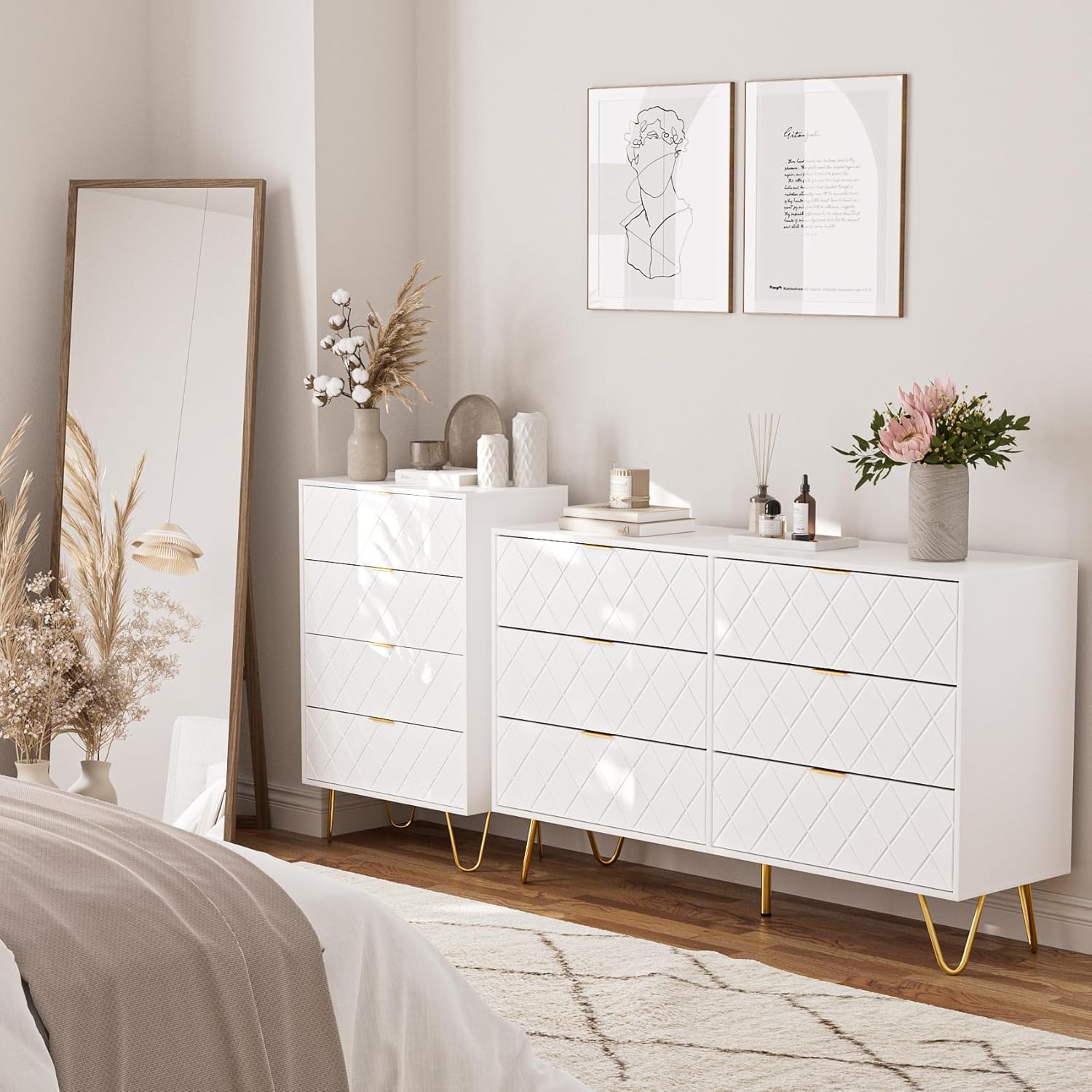 Aobafuir Cómoda de 6 cajones, cajón, armario de almacenamiento alto con patas de metal, cómoda grande para dormitorio, sala de estar, armario,