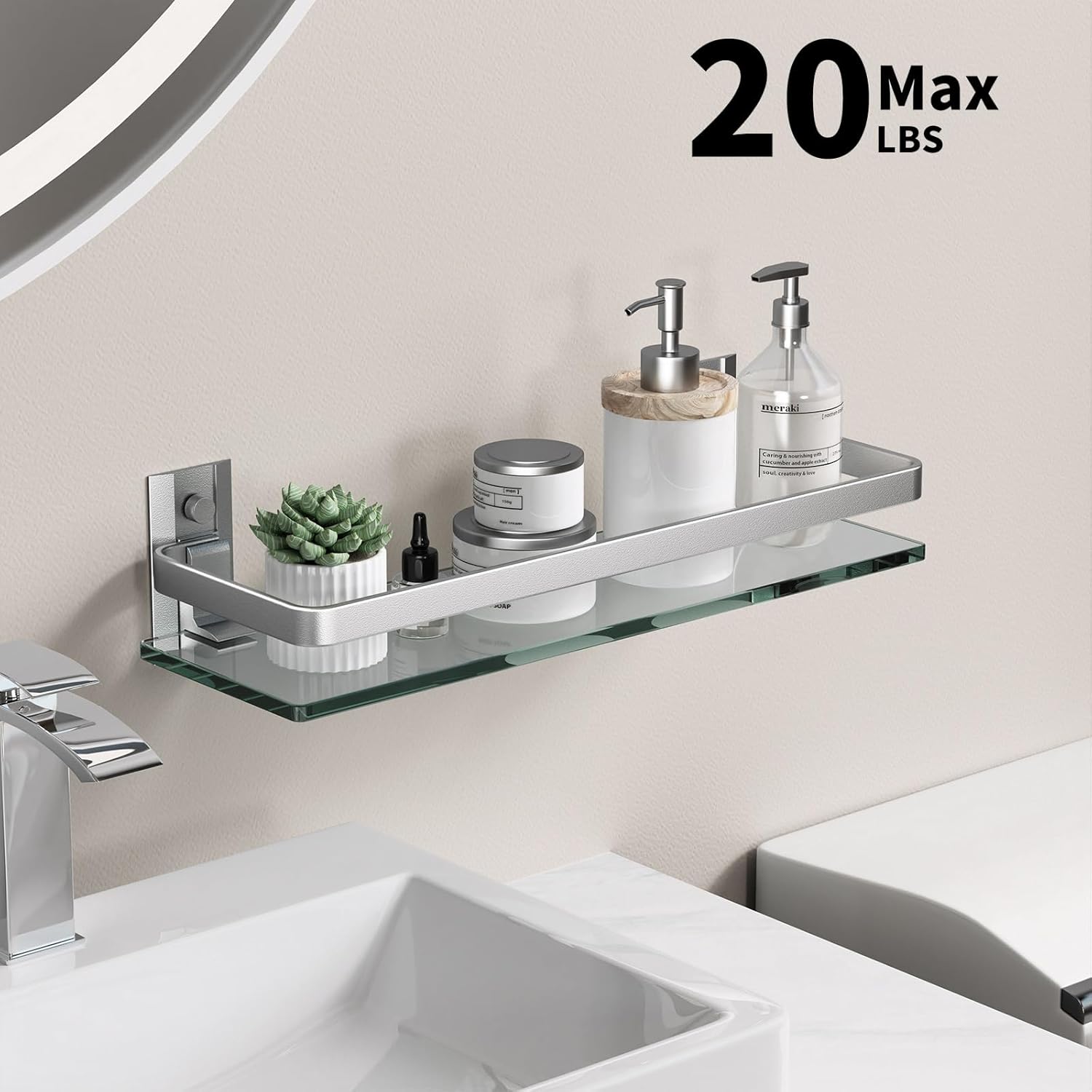 Danpoo Estante de pared de baño, estante de baño de vidrio templado (plata mate)