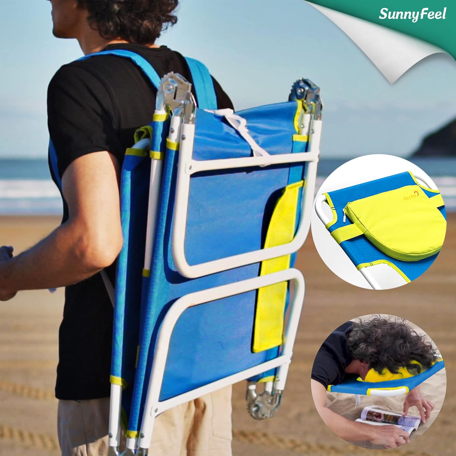 SUNNYFEEL Sillón de playa, mochila reclinable, sillas de playa planas, silla de bronceado boca abajo, sillas de camping plegables, catre portátil