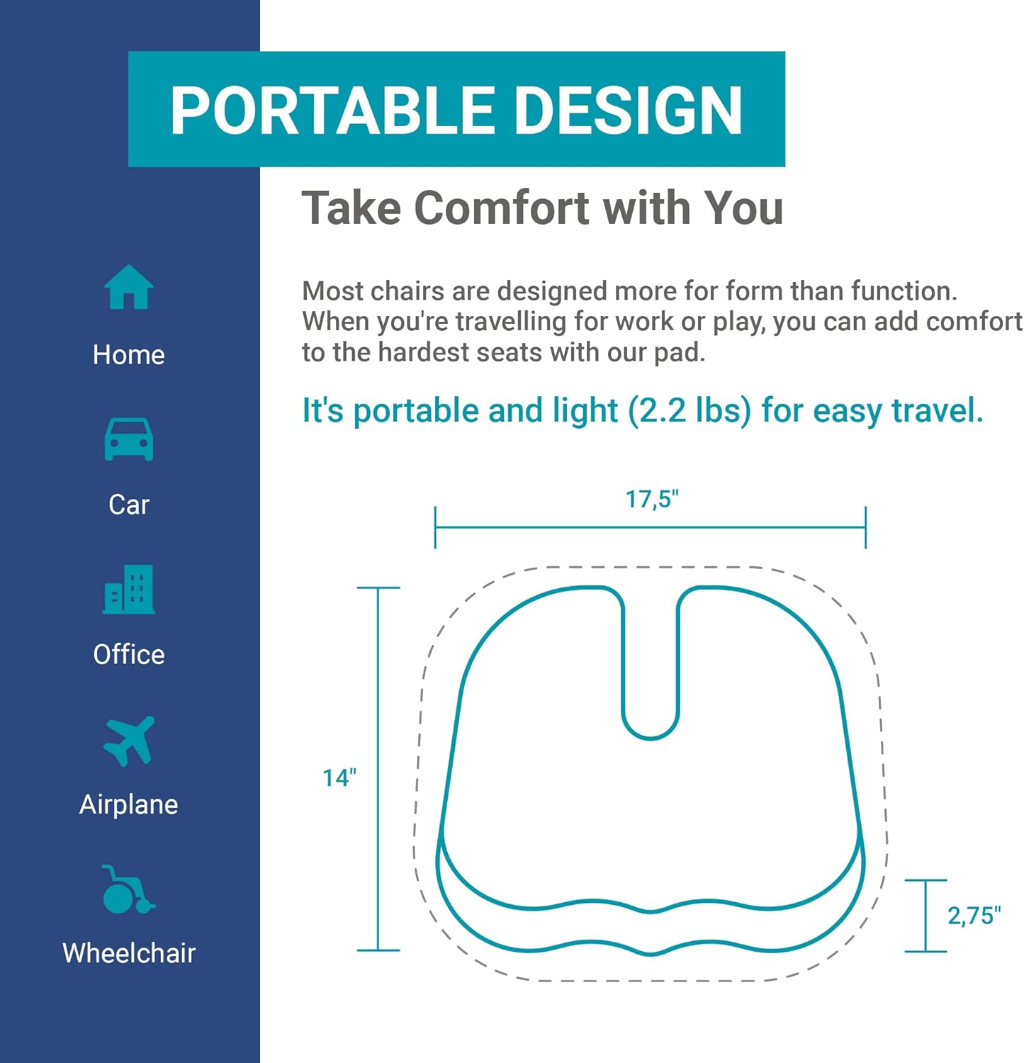EpicDev Cojín de asiento de espuma cómoda para aliviar el dolor de coxis, espuma viscoelástica ergonómica antideslizante para apoyo sentado todo el