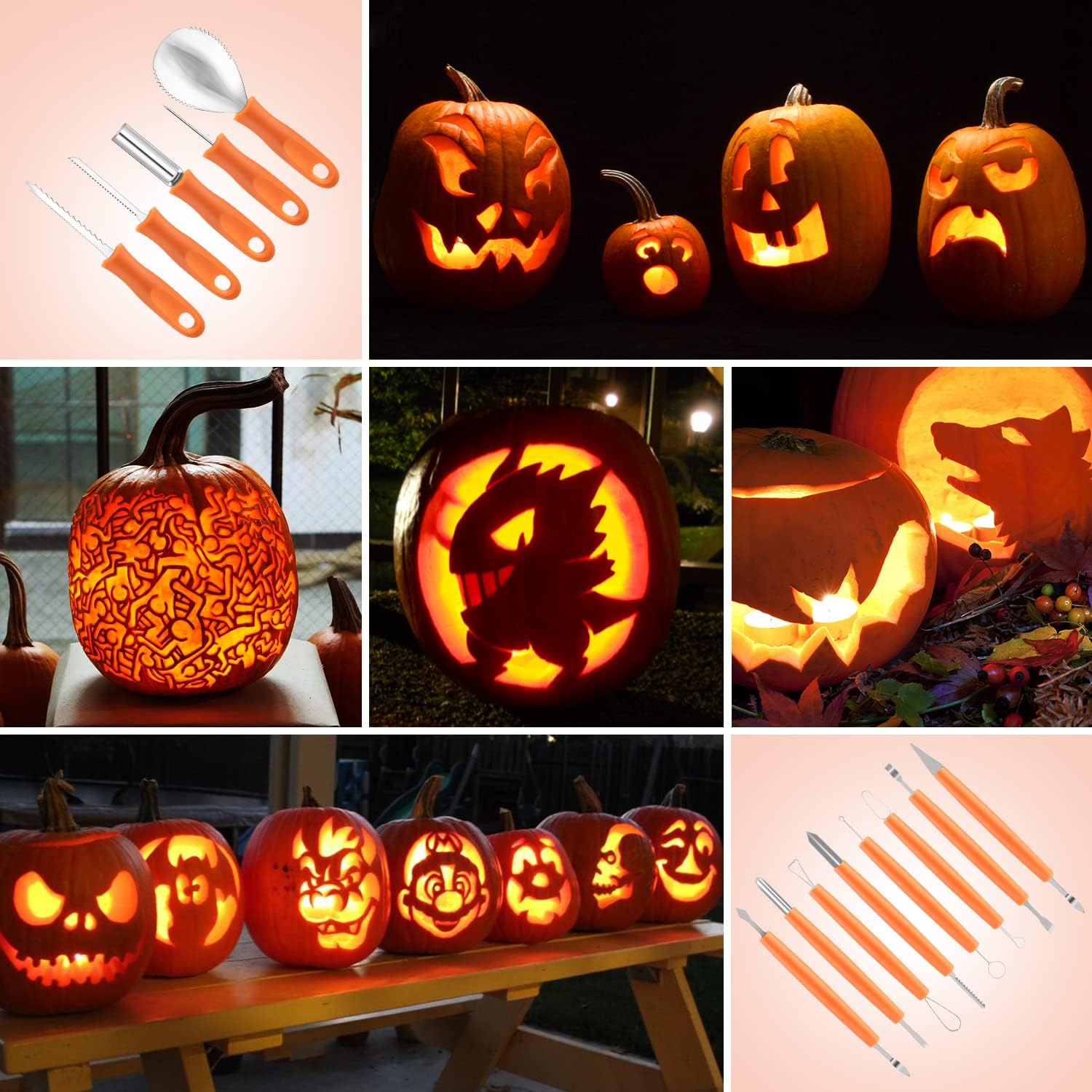 Kit de tallado de calabaza para Halloween, 13 piezas, juego profesional de tallado resistente, acero inoxidable de doble cara, kit de tallado para