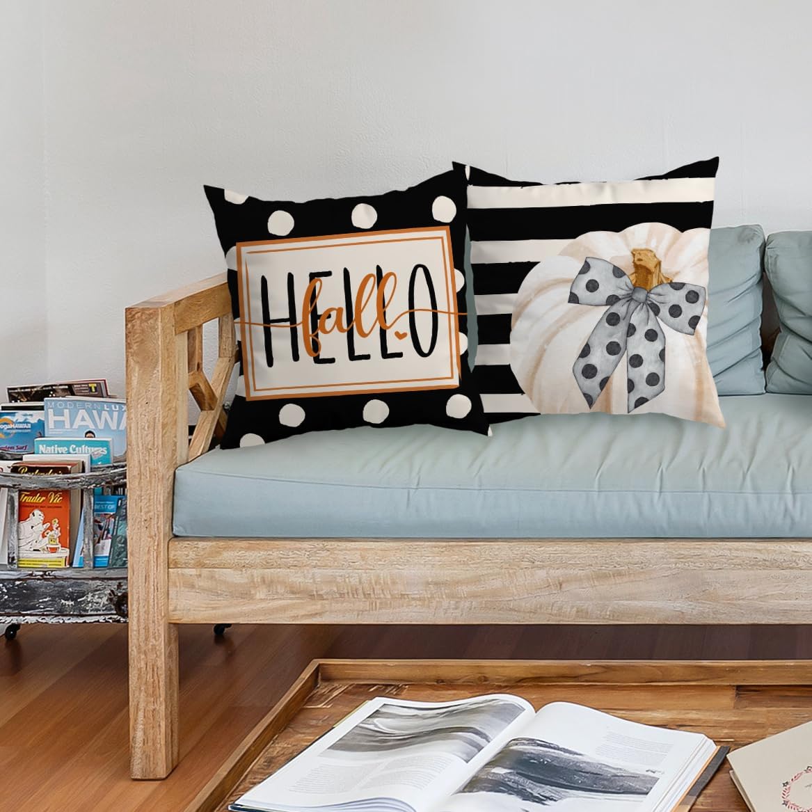 Hello Fall – Fundas de almohada con lazo de calabaza, 18 x 18 pulgadas, juego de 2 fundas de almohada de temporada de otoño de Acción de Gracias,