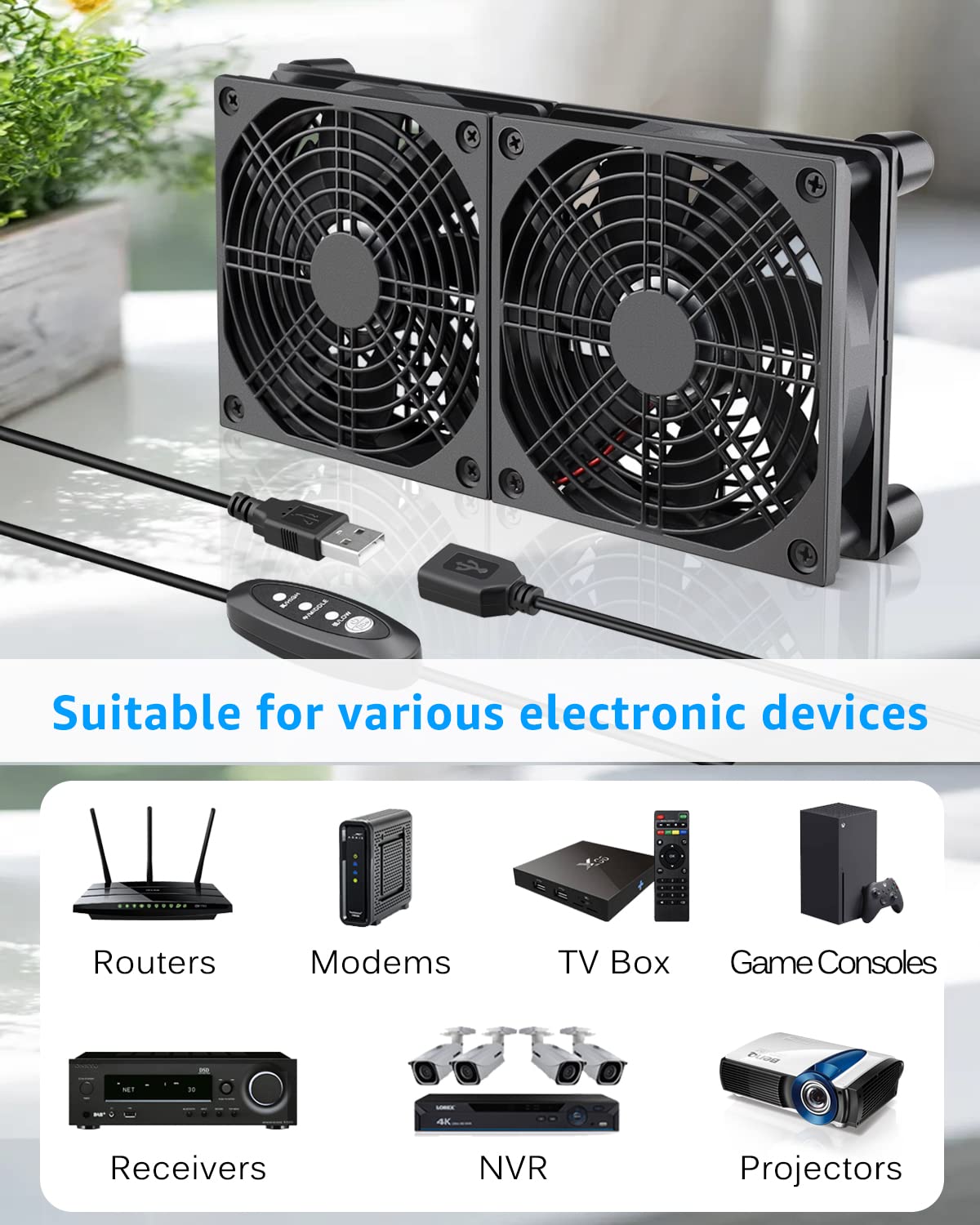 GDSTIME Ventiladores USB duales de 4.724 in y 5 V, ventilador de flujo de aire grande de 102 CFM para router TV Box Micro computadora y otros