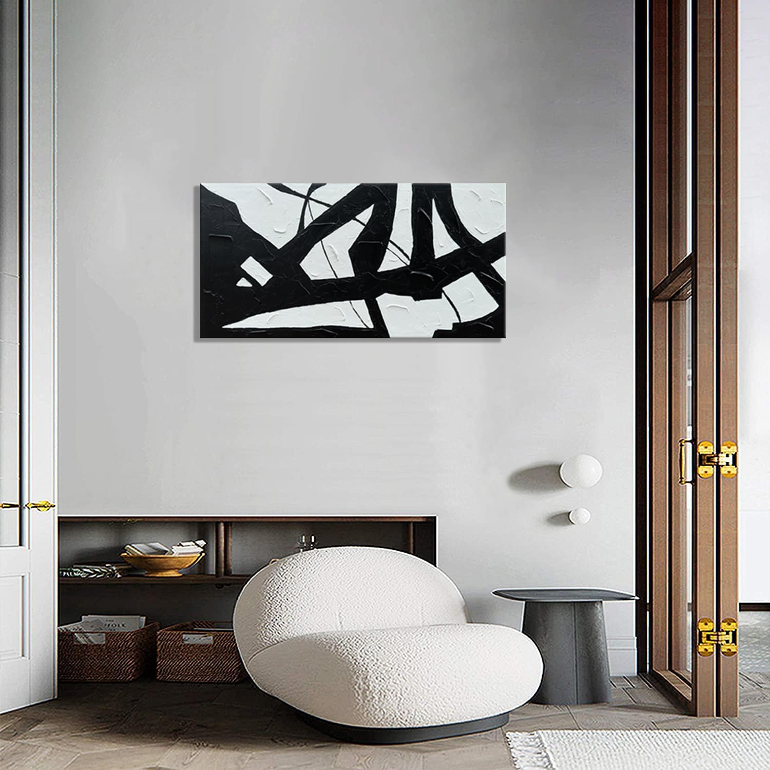 zoinart Lienzo pintado a mano en blanco y negro, 48 x 24 pulgadas, pinturas al óleo modernas, abstractas y modernas, arte de pared con textura