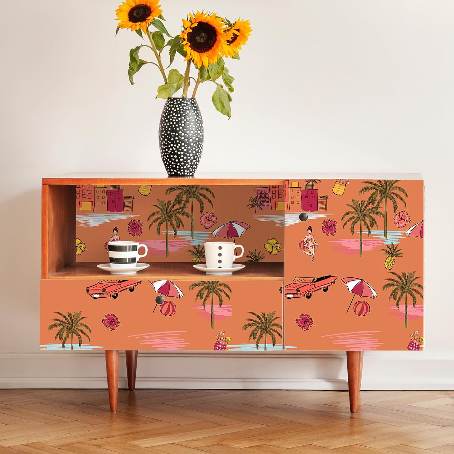 VEELIKE Papel tapiz dibujado a mano, diseño de isla y playa, despegar y pegar, color naranja, paisaje, palmeras, papel tapiz autoadhesivo de 17.7 x