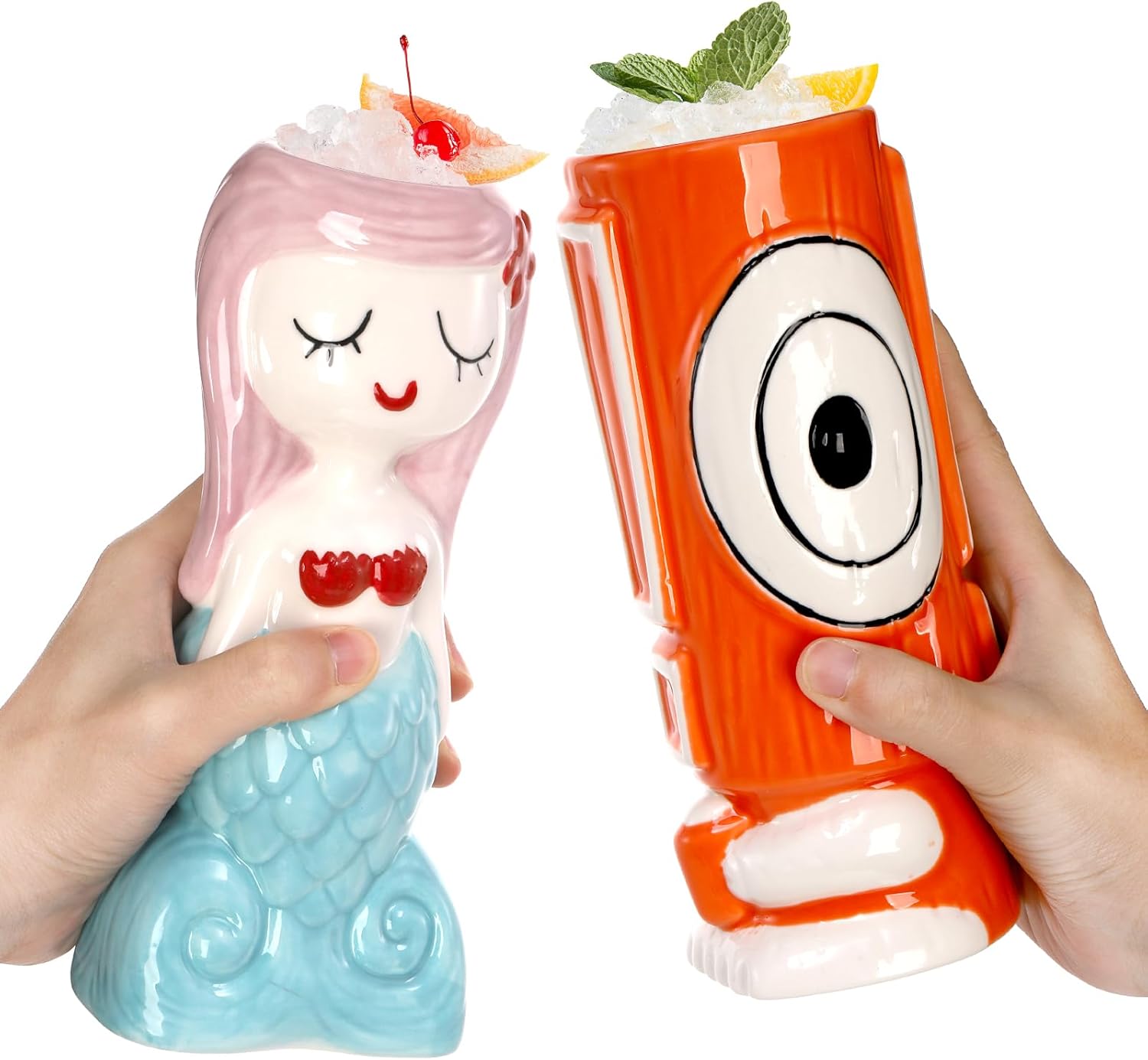Peohud Paquete de 4 tazas Tiki de cerámica, vasos exóticos Tiki para cócteles, tazas de fiesta hawaianas, vasos tropicales Tiki para Mai Tai, piña