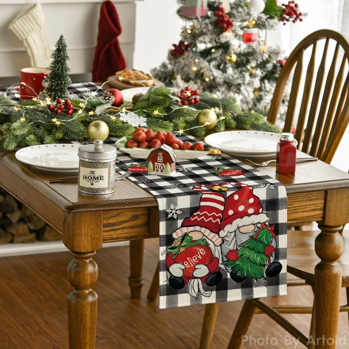 Artoid Mode Camino de mesa de Navidad con campanas de gnomo a cuadros, árbol de Navidad, decoración de mesa de comedor de cocina de invierno de