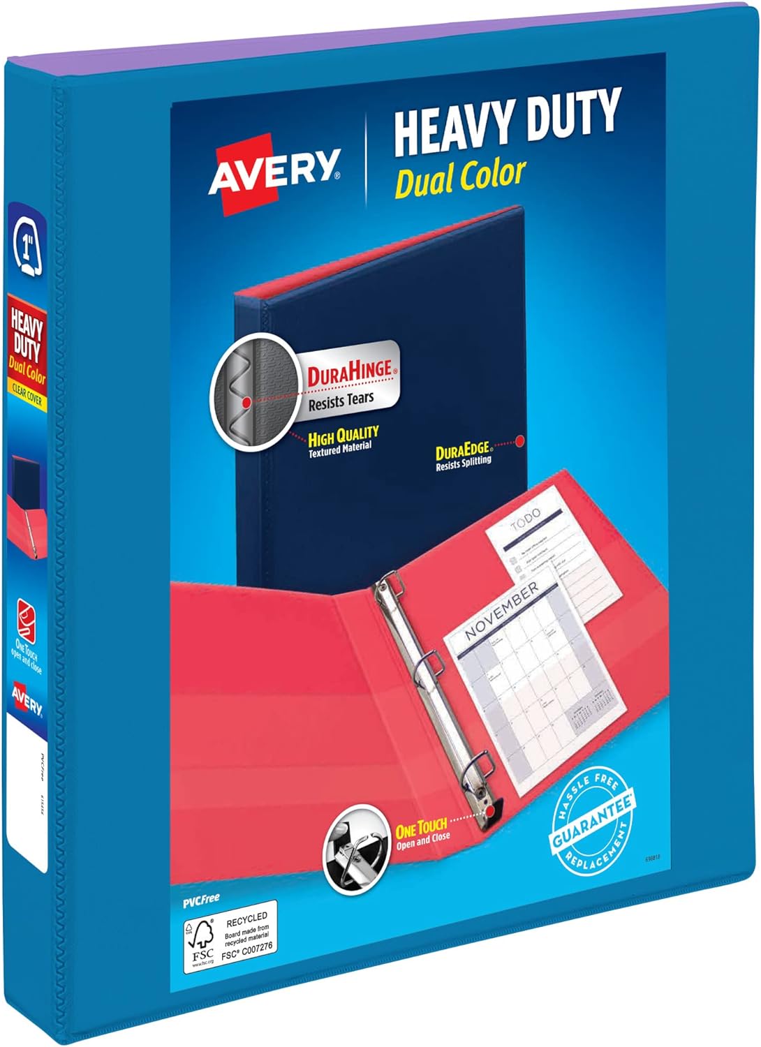 Avery Carpeta resistente de doble color, azul piscinalavanda, anillos inclinados de 1 pulgada, capacidad para 250 hojas (79899)